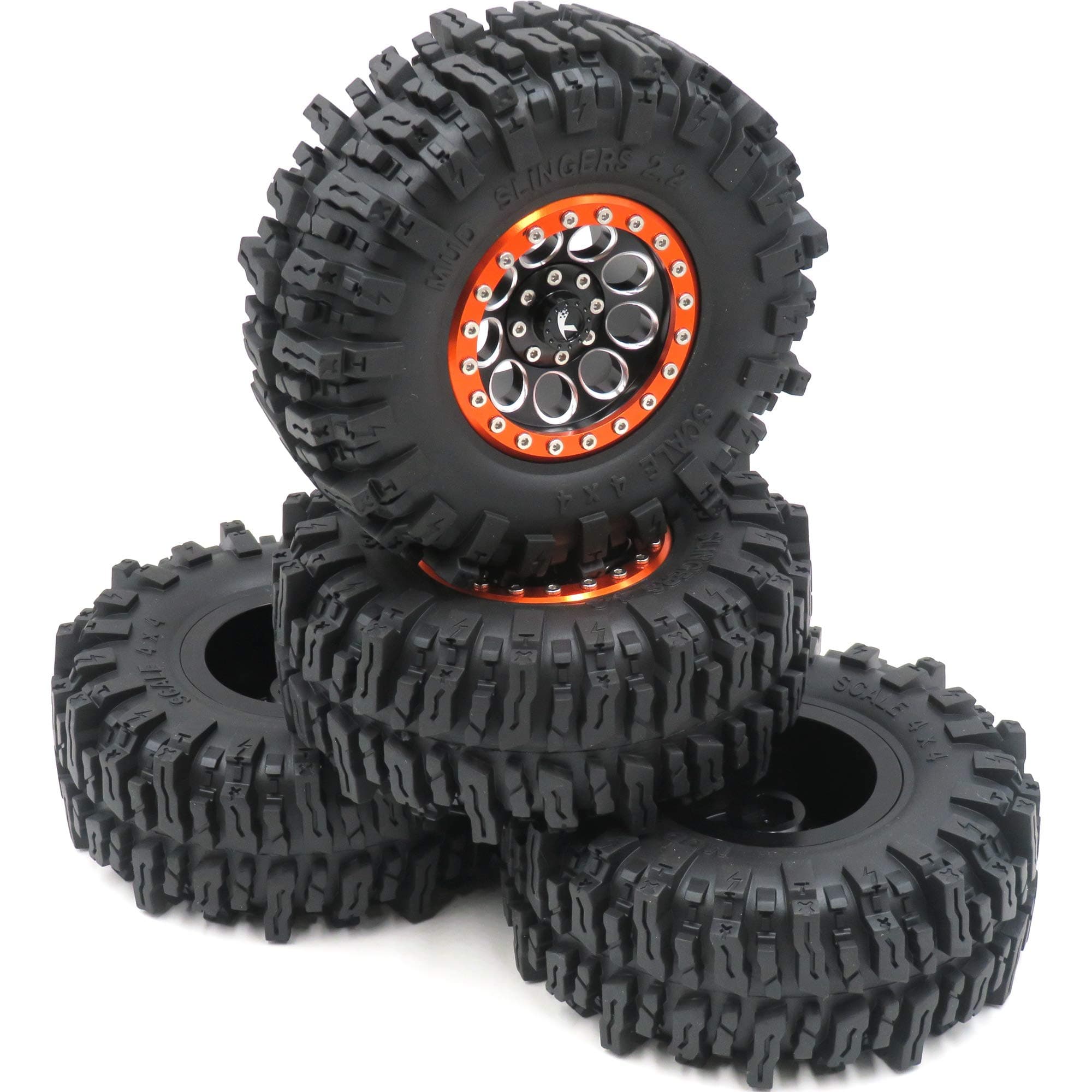 hobbysoul 4pcs RC Crawler 2.2 Mud Slingers Tires Tyres OD(Height) 124mm with Foam Insert & 4pcs Aluminium 2.2 Beadlock Wheels Rims