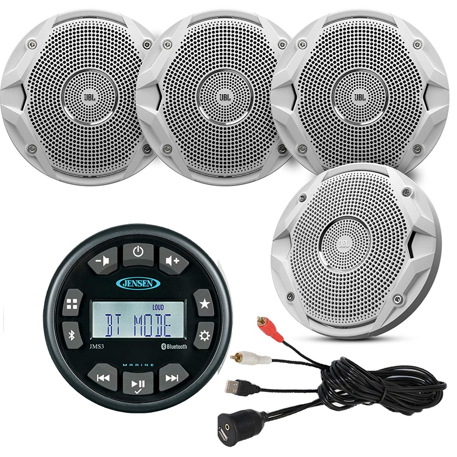Jensen Gauge Style Marine Yacht Motorcycle Bluetooth Waterproof Stereo Bundle Combo With 4 x 6.5" Inch White Boat Speakers + Enrock Universal USB / AUX To RCA 10" Extension Cable