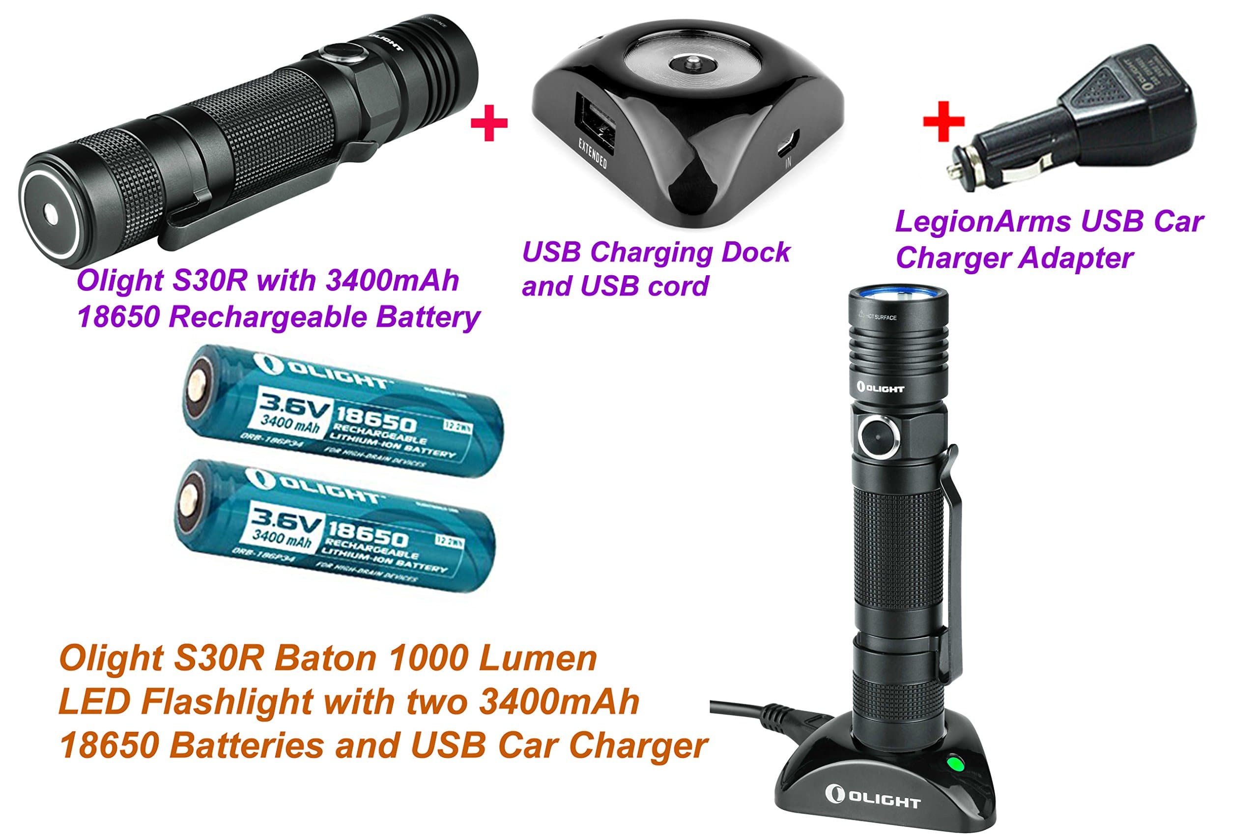 Olight S30R Baton 1000 Lumens LED Flashlight Rechargeable S10 S20 upgrade with two 3400mAh 18650 Li-ion batteries, USB Charging base and LegionArms Car Charger
