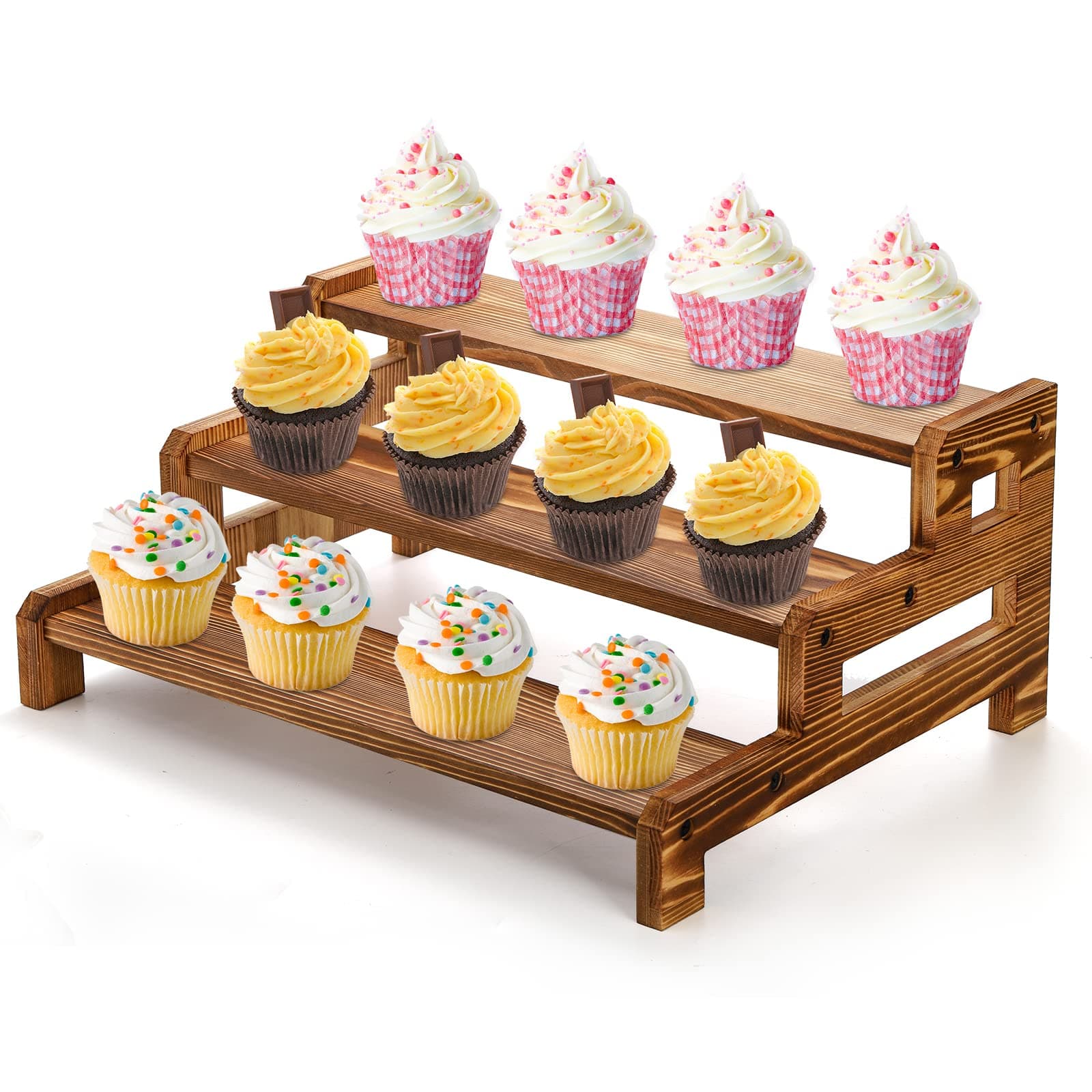 Hiceeden 3 Tier Wooden Cupcake Display Riser Stand, 15.8" x 11.8" x 6.7" Rustic Party Risers Cake Stand Shelf, Wood Retail Countertop Display Shelves for Spice, Plant, Dessert, Craft, Perfume