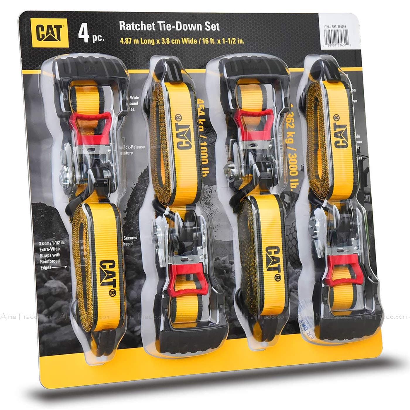CAT Heavy Duty Ratchet Tie Down Straps Caterpillar 4 Piece Set Pack 1.5"x16ft