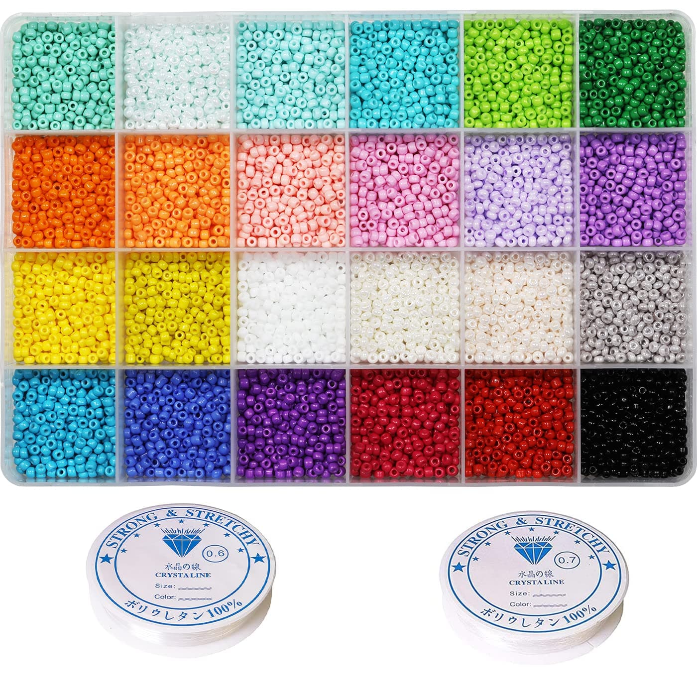 8/0 3mm Glass Seed Beads About 7200pcs 24 Colors Loose Craft Kit Earring Making Seed Beads with 24-Grid Plastic Storage Box for Jewelry Making
