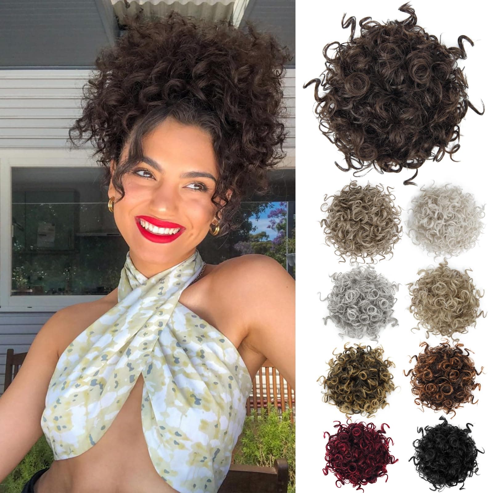 Drawstring Messy Bun Hair Piece, Curly Fluffy Updo Hair Bun for Short Thin Hair Hair Loss, Natural Soft Clip in Hair Extensions Ponytail Synthetic Hairpiece Chestnut Brown