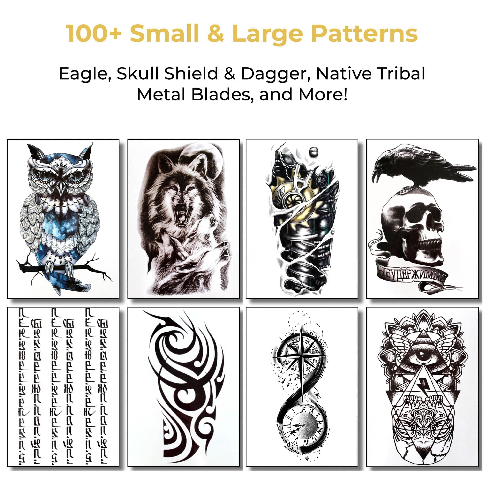 8 Sheets Temporary Transfer Tattoos Transfers For Guys Men Boys & Teens - Fake Stickers For Arms Shoulders Chest Back Legs Tribal Cyborg Skull Owl Wolf Tattoo For Halloween - Realistic Waterproof
