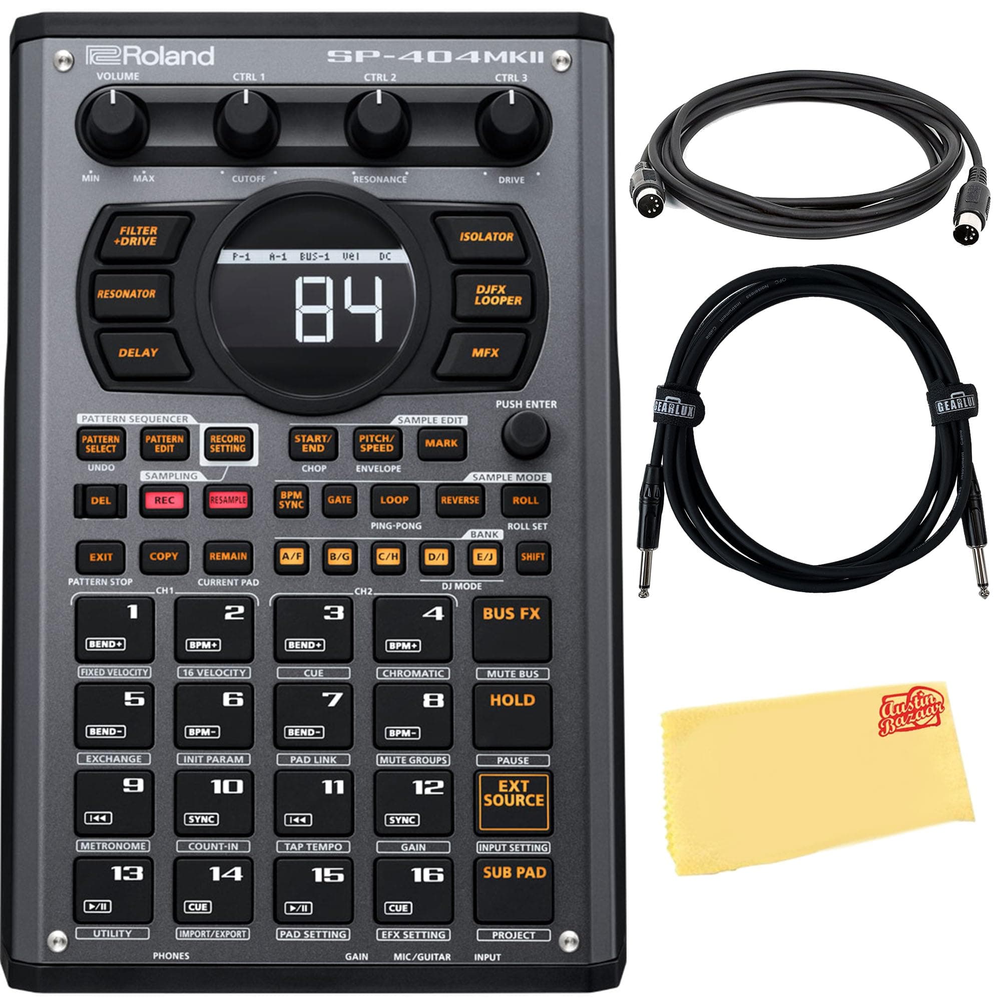 SP-404MKII - Creative Sample and Effectors Bundle with MIDI Cable, Instrument Cable, and Austin Bazaar Polishing Cloth