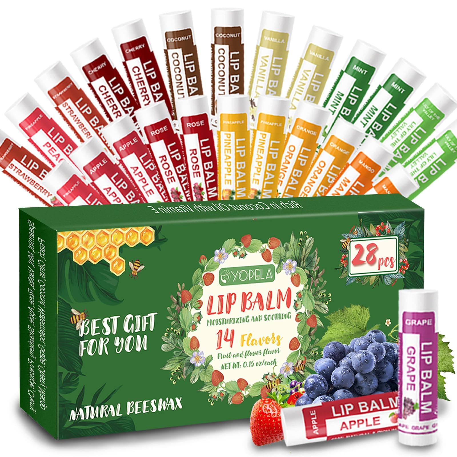 28 Pack Natural Lip Balm Bulk with Vitamin E and Coconut Oil - Moisturizing, Soothing, and Repairing Dry and Chapped Lips Valentine's Gift - 14 Flavors - Non-GMO