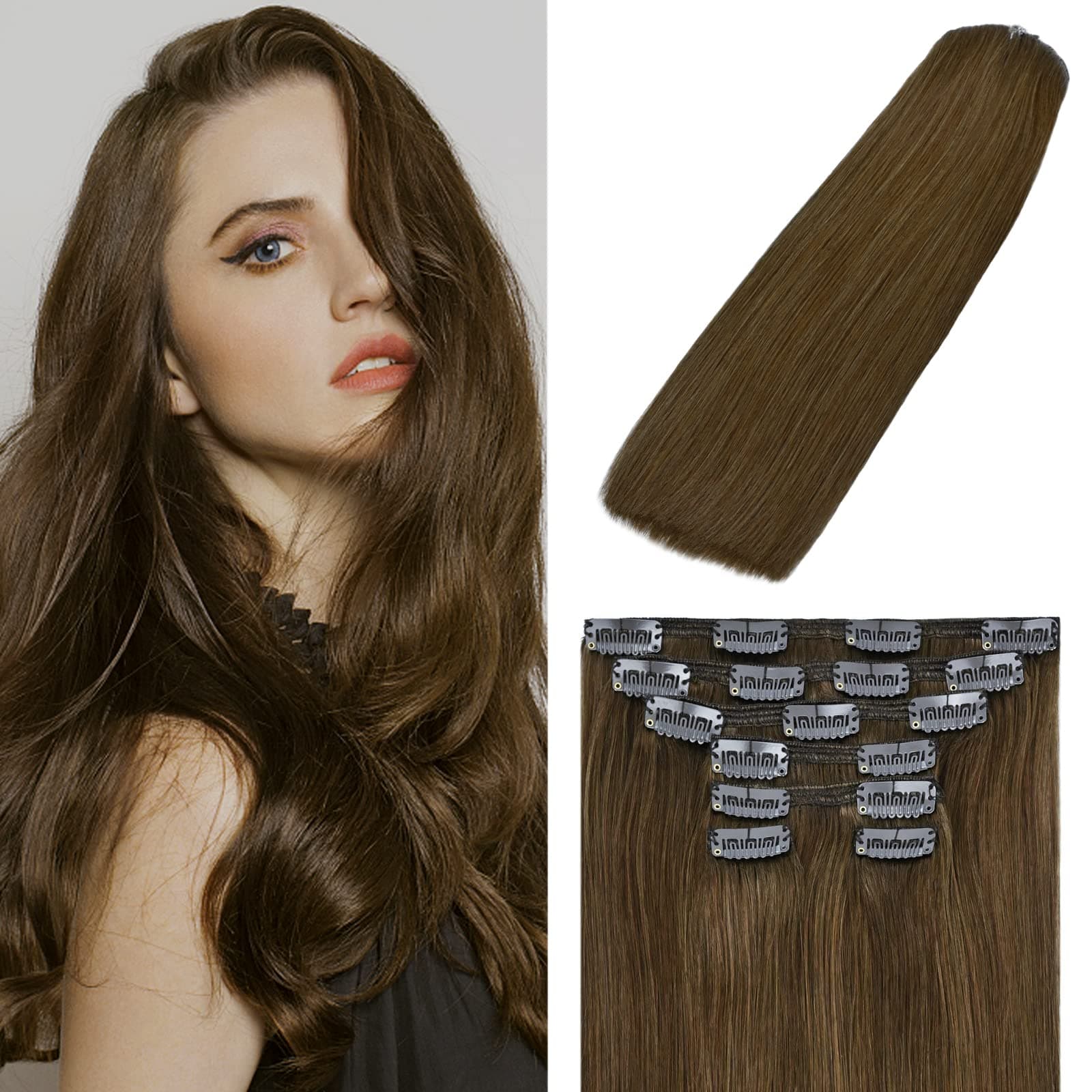 WindTouch Clip In Hair Extensions Medium Brown 120g For Women Natrual Real Human Remy Hair Extensions Basic Color Full Head (#4 18Inch 7PCS)