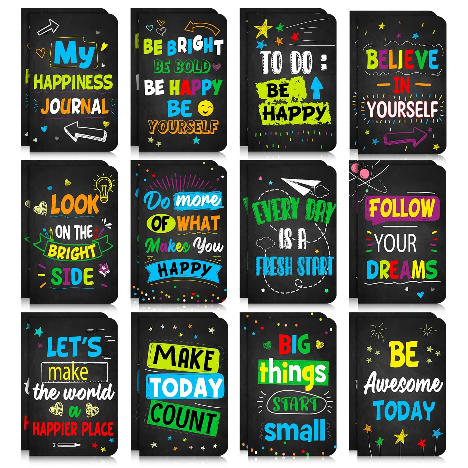 Cinrobiye 24 Pcs Mini Colorful Notebooks, Funny Motivational Journals Notepads Inspirational Notepads Small Pocket Notebook for Kids Teacher School Office Gift Bulk Prizes Travel Supplies (Black)