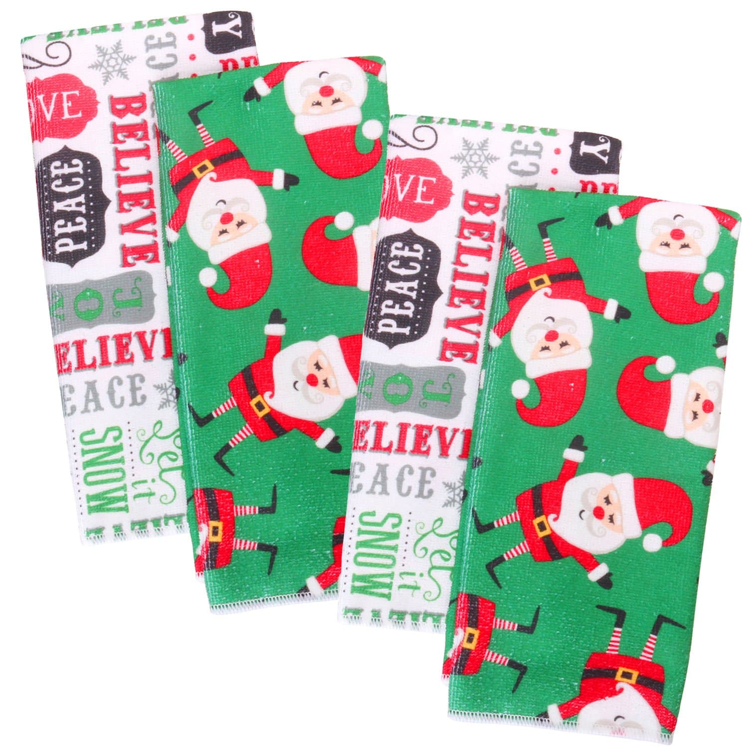 Kleanner Microfiber Christmas Kitchen Dish Towel, Absorbent And Fast Dry Holiday Dish Cloth, Colorful Font Art And Cute Santa Two Pattern, 15 By 24 Inch,Set Of 4
