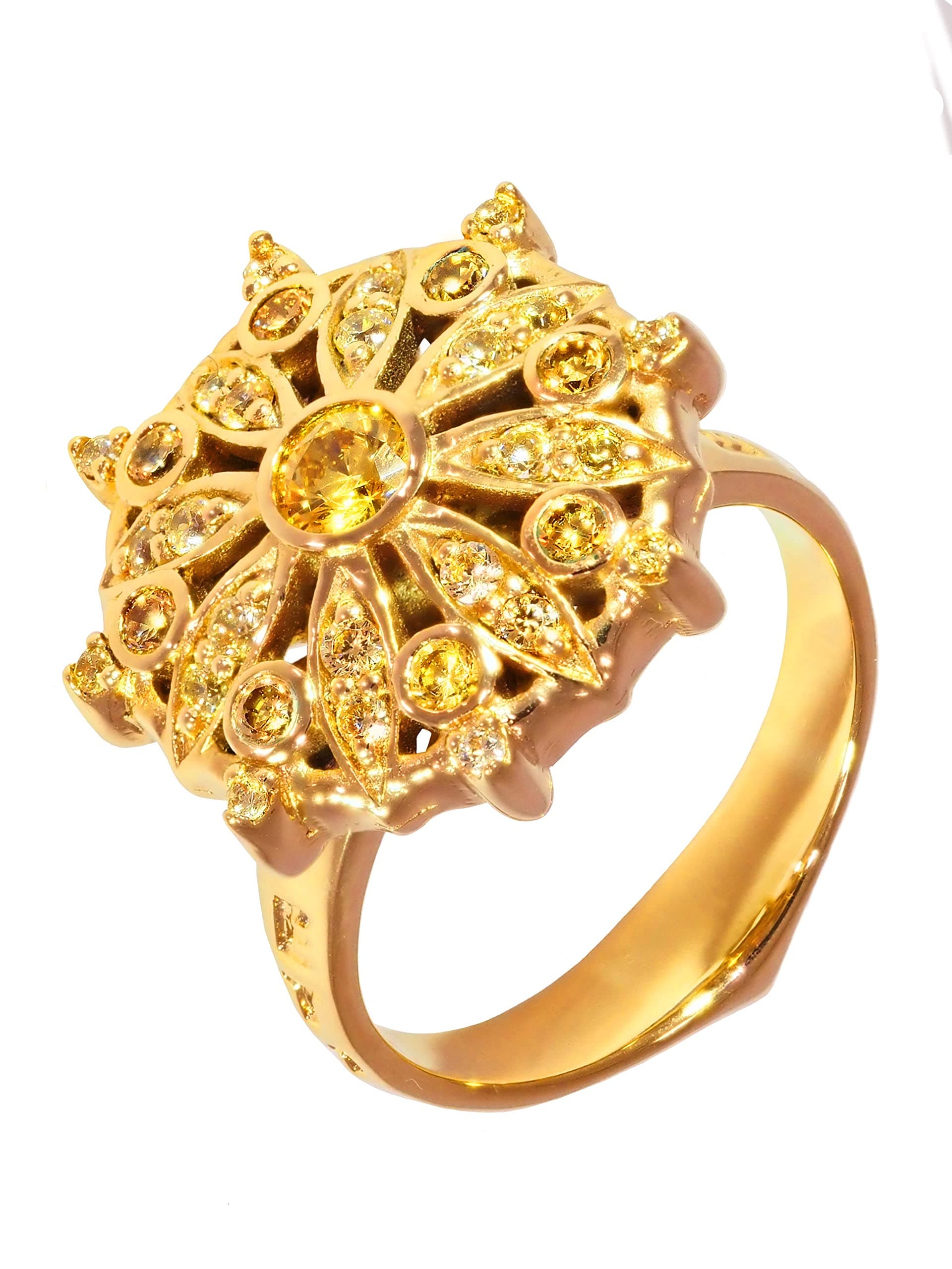 ETHNIQ Women's Ring Madame Felicia Floral Design 22K Gold Plated CZ Fashion Ring Wedding Engagement Spring Summer Trendy Collection Ideal Birthday Gift for Ladies & Girls