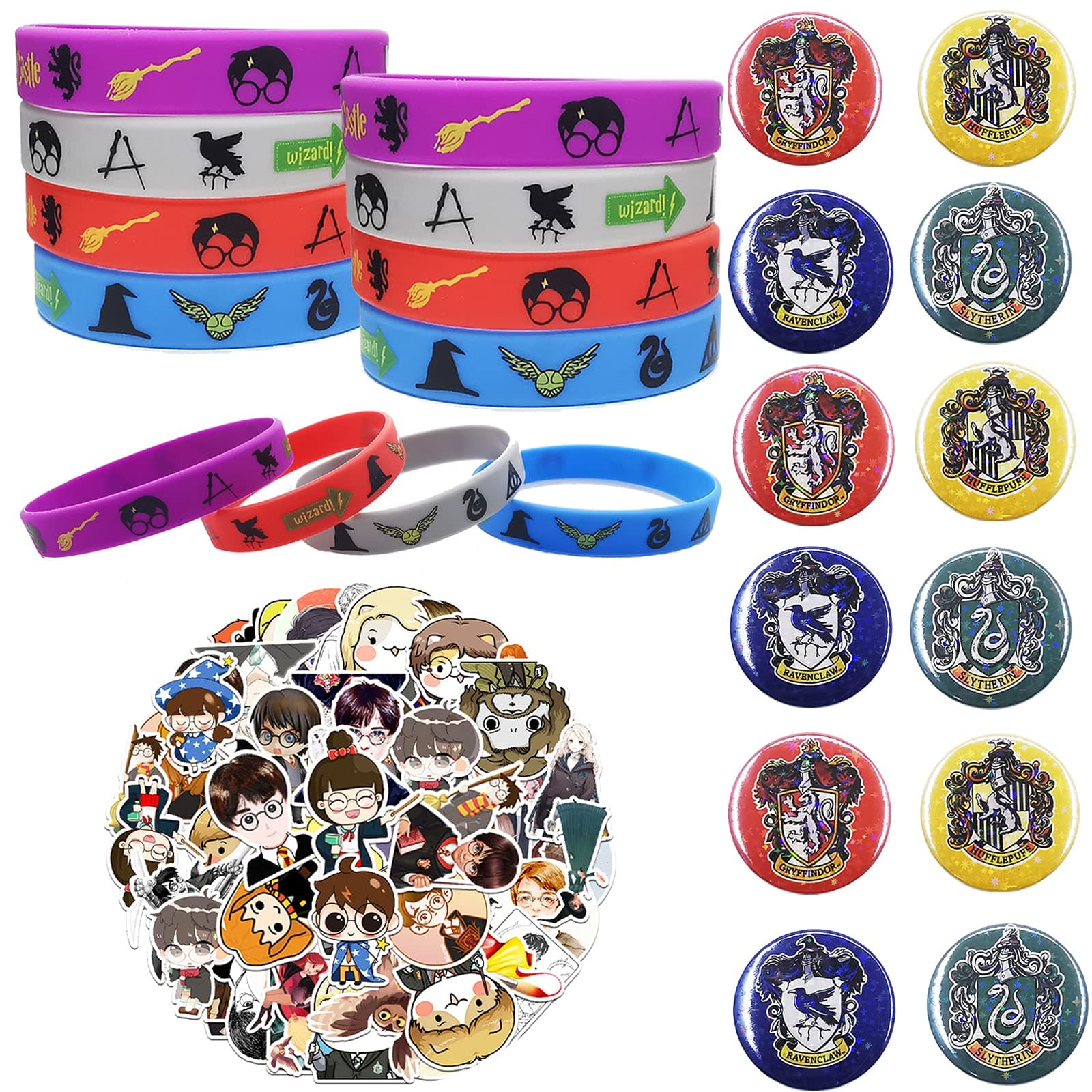 LHONG 80pcs Magical Wizard Party favors, birthday party supplies decoration,Harry Party Favor gifts,Set Include 56 Stickers,12 Silicone bracelet, 12 Button Pins,for boys girl aldult