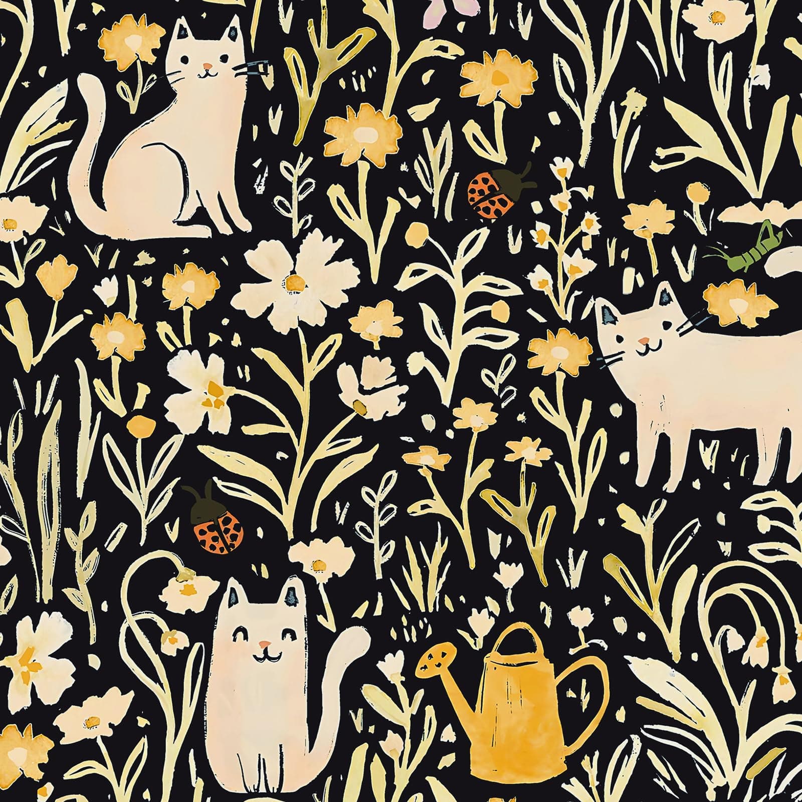 CiCiwind Peel and Stick Wallpaper Black Floral Contact Paper 41CM×5M Thicken Self Adhesive Vinyl Wrap Beige Yellow Flower Cats Sticky Back Plastic Wall Cabinets Stick on Wall Paper