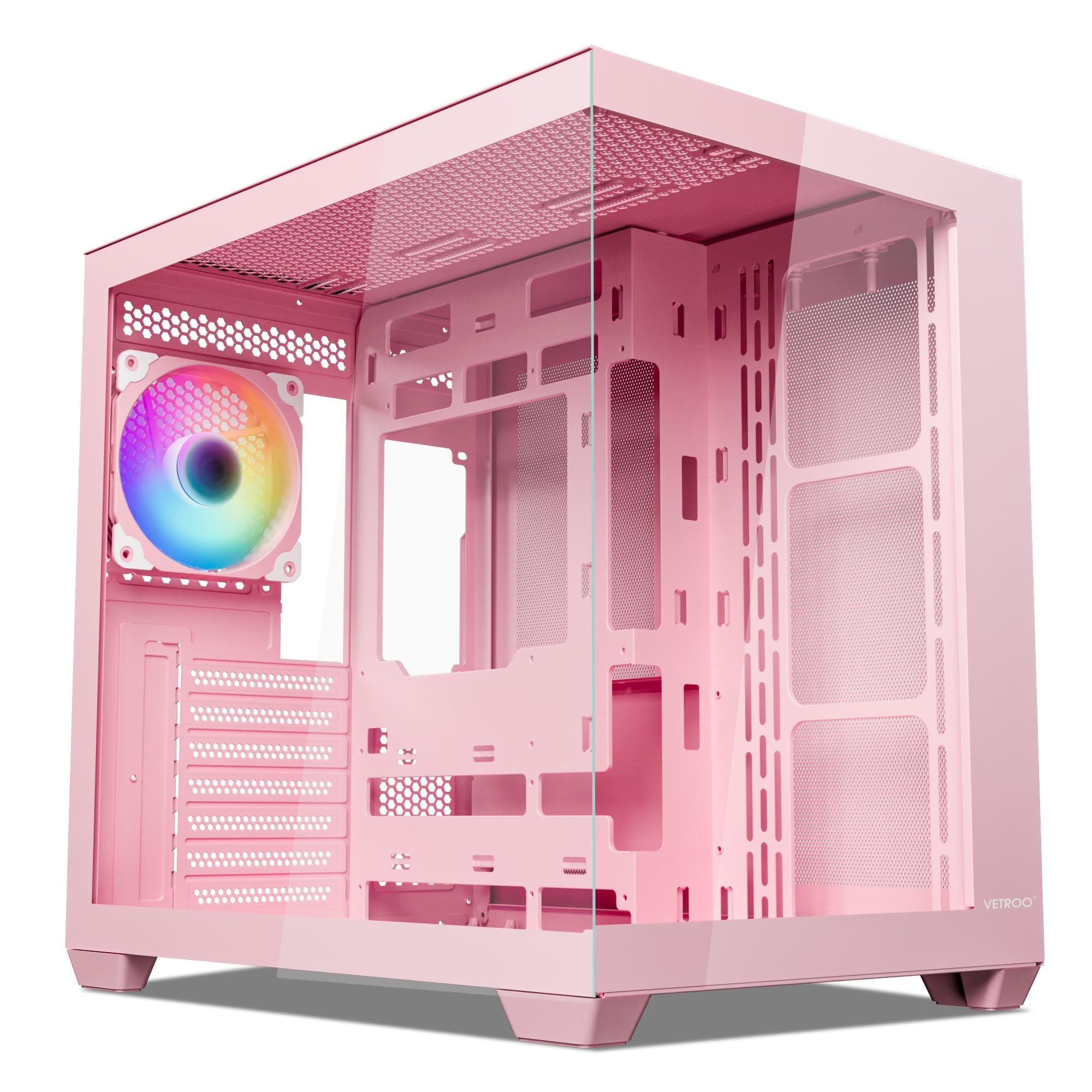 Vetroo AL900 ATX PC Case with 270° Full View Tempered Glass, Pre-Installed ARGB & PWM FDB Fan, Supports 360mm Radiator & 10 Fans, Type-C Ready, for 40 Series GPUs - Pink