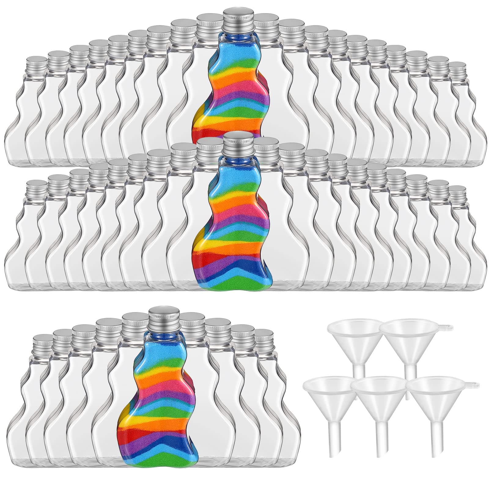Nuenen 50 Pcs Sand Art Bottles Bulk with Funnels Plastic Wave Shaped Sand Art Containers for DIY Craft Party Supplies(Silver Lid)