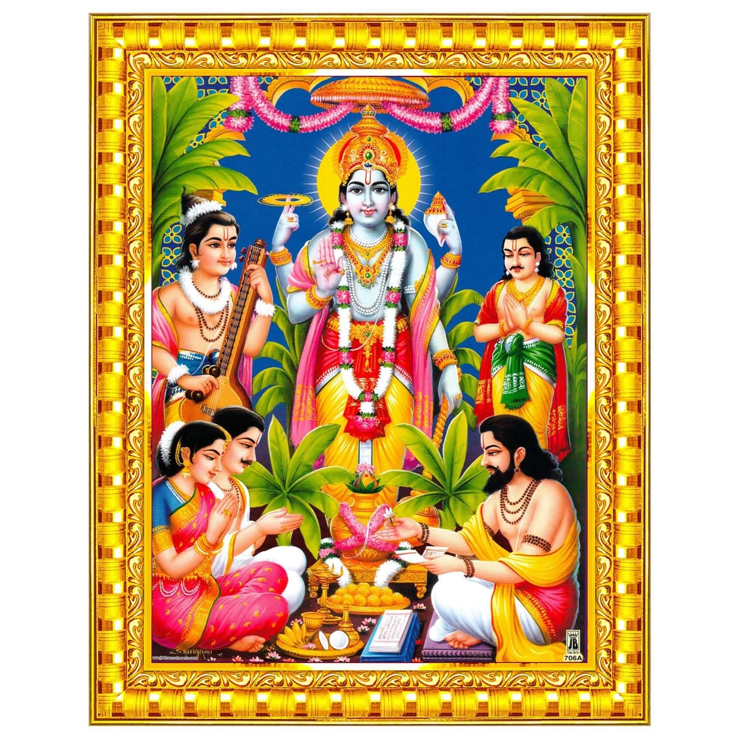Pavan Photo Laminations Satyanarayana Swamy Satyanarayan Satya Narayan Bhagwan Lord Sri Sathya Narayana Ji Ki Framed Painting Wall Hanging (Gold,Small Size,6x8in) R618S