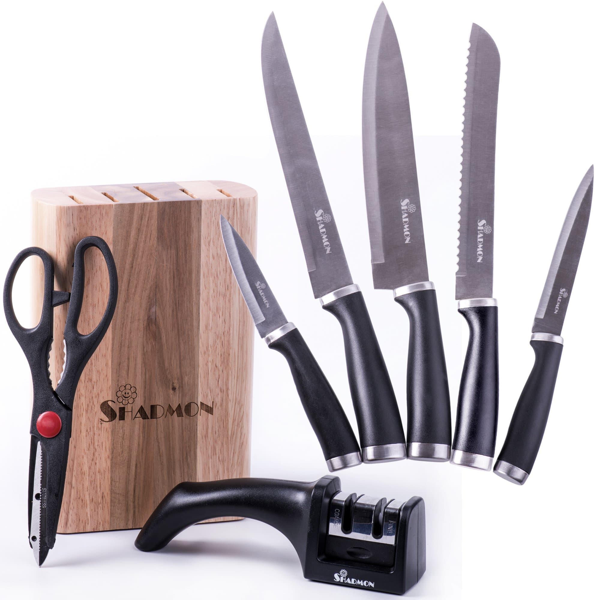 Premium Professional Kitchen Knives Set Block, 1 Chef’s choice for knife set by Shadmon, include Scissors, Wooden Stand and Knives Sharpener, 5 pc's, Black Perfect-grip handles.