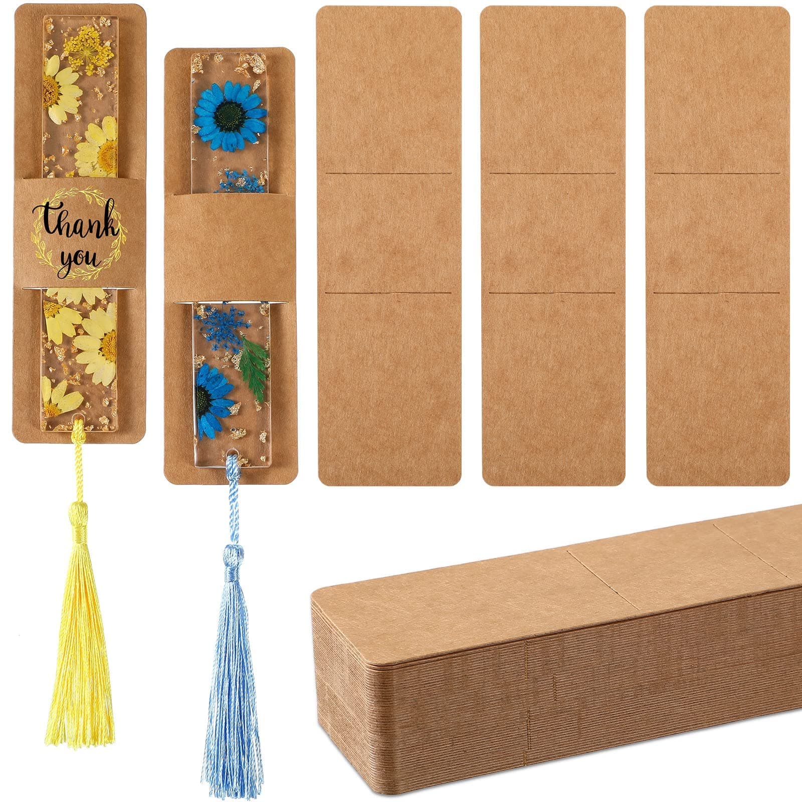 TERRIFI 70-Piece Resin Bookmark Holder - 15 x 4.5cm Kraft Sleeves, DIY Bookmark Display Cards for Small Business Packaging, Party Favors (Brown)