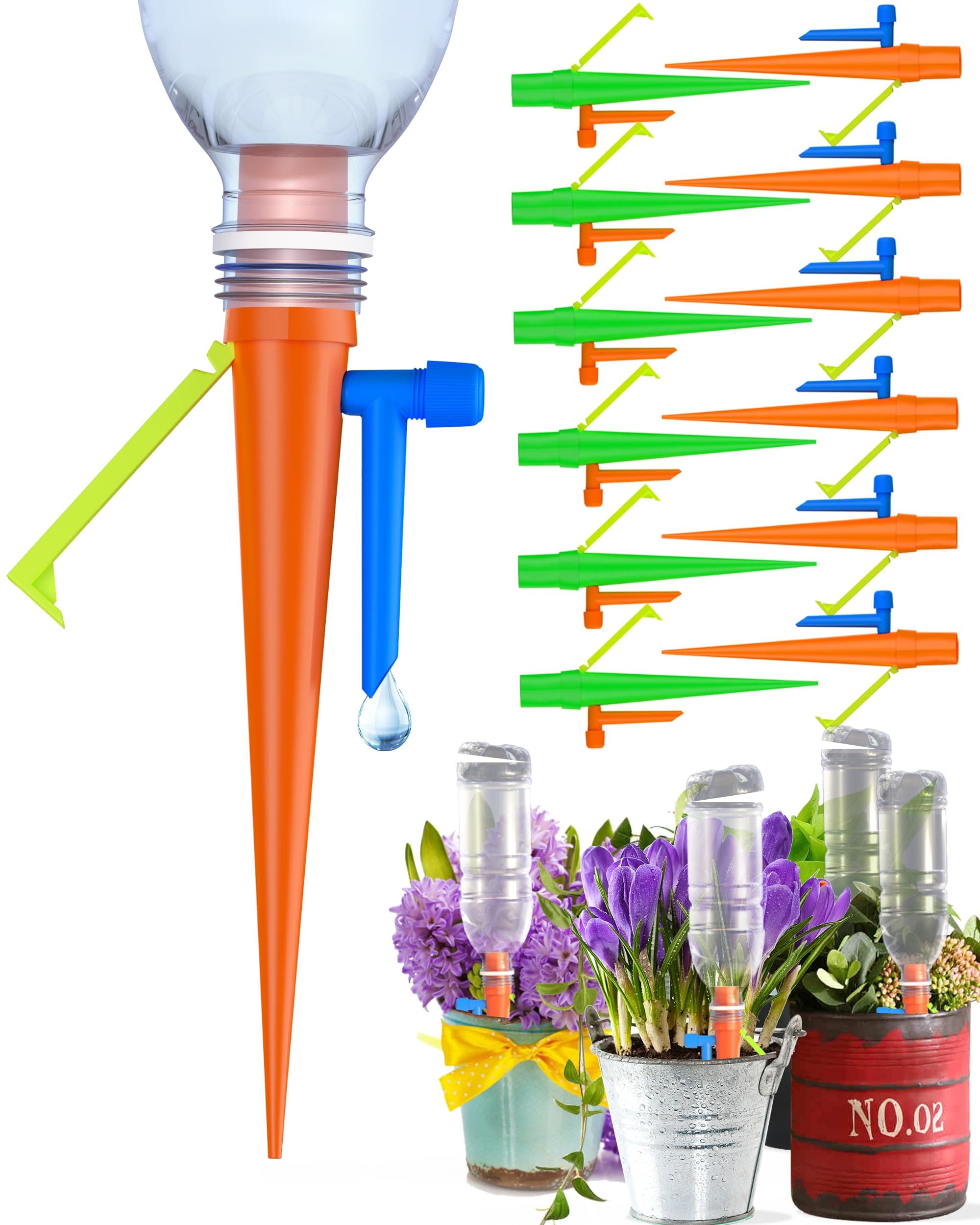 【New】Plant Self Watering Spikes Devices, Automatic Plant Drip Irrigation System with Slow Release Control Valve Switch，Adjustable Plants Waterer Devices (12, Green+Tangerine)