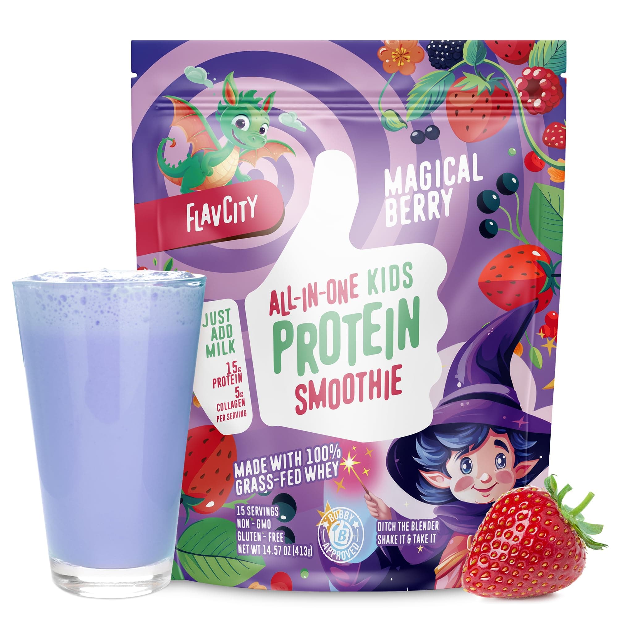 FlavCity All-in-One Protein Smoothie for Kids (Magical Berry) - Grass-Fed & Undenatured Whey Protein Powder with 15g Protein & 5g Collagen - Gluten-Free & Non-GMO - 15 Servings