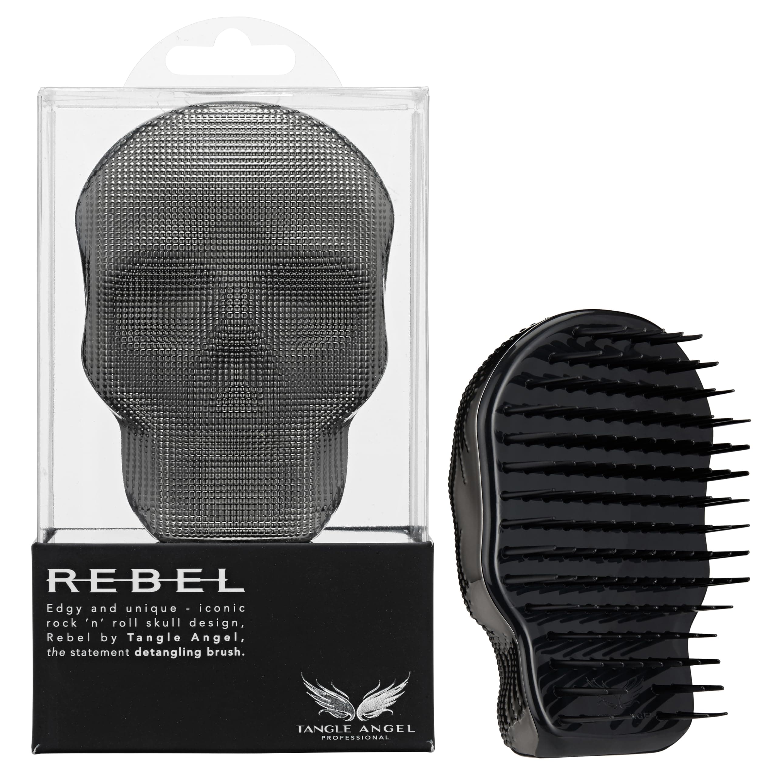 Tangle Angel Hair Brush Detangler - Anti Static Smoothing Extension Brush for Fine, Thick, & Curly Hair - Rebel Skull Shaped Detangling Hairbrush for Styling, Shower & Blow Drying - Black Chrome