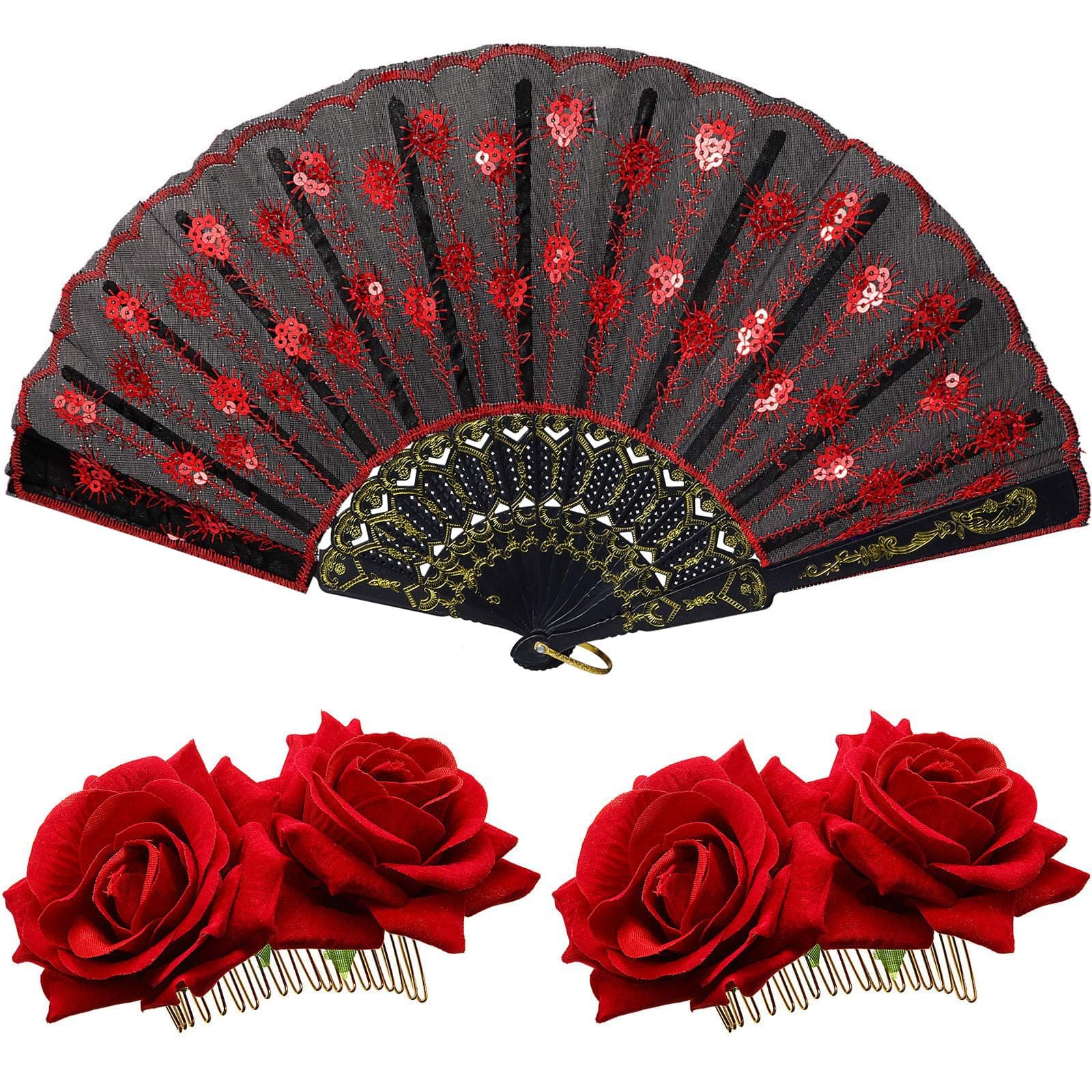 2 Pieces Women Rose Flower Hair Clip and Embroidered Sequins Fabric Handheld Folding Fan Hair Accessories for Flamenco Dancer Costume Accessories Girl Cosplay Party