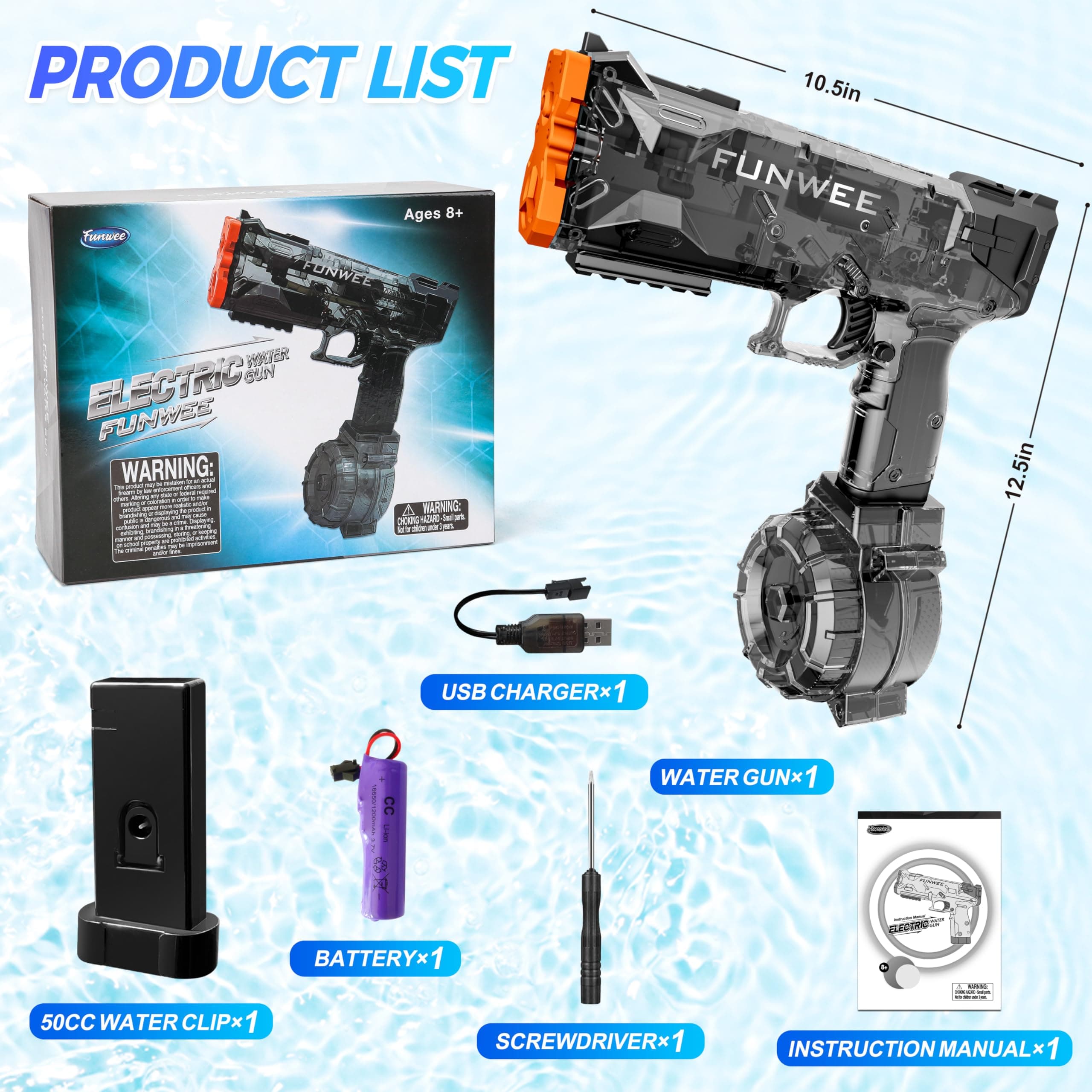 Funwee Electric Water Guns for Adult Kid, Strongest Full Automatic Water Pistol High Capacity 500+ Water Blaster, 26-30 FT Range Powerful Classic Water Squirt, Summer Outdoor Swimming Pool Water Toy