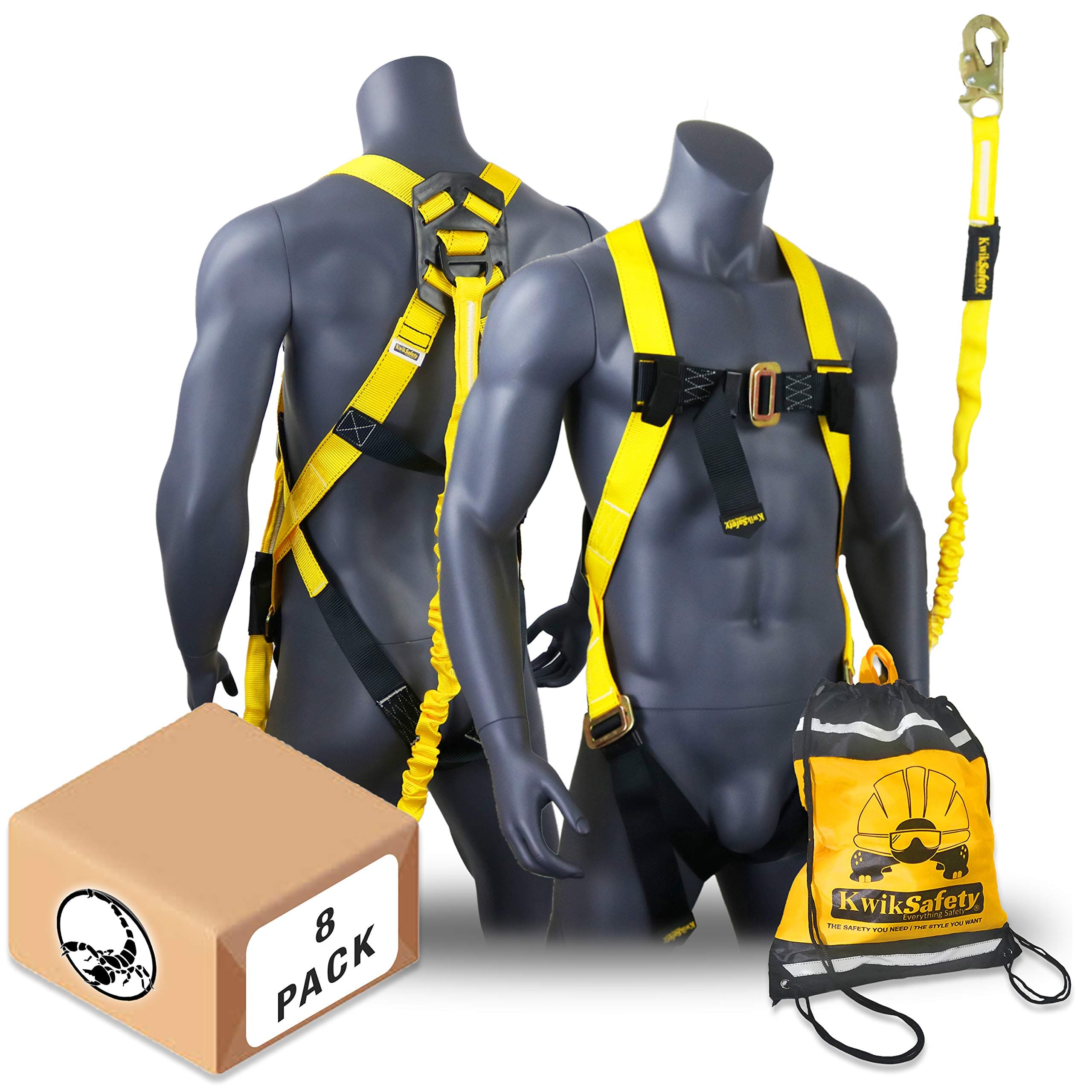 KwikSafety - SCORPION Safety Harness [w/Attached 6ft Lanyard] Safety Harness Fall Protection Kit ANSI OSHA