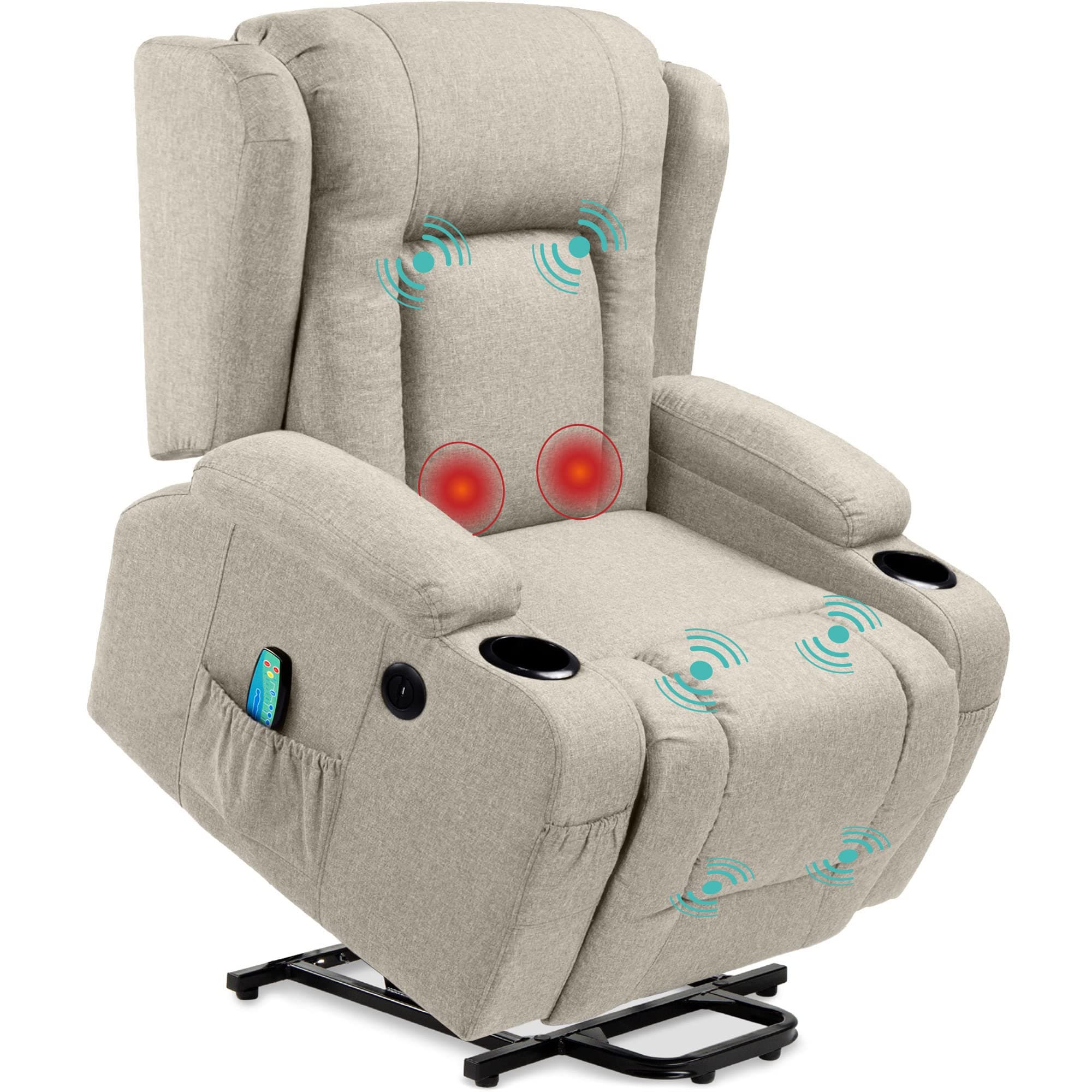 Best Choice Products Electric Power Lift Linen Recliner Massage Chair, Adjustable Furniture for Back, Lumbar, Legs w/ 3 Positions, USB Port, Heat, Cupholders, Easy-to-Reach Side Button - Greige