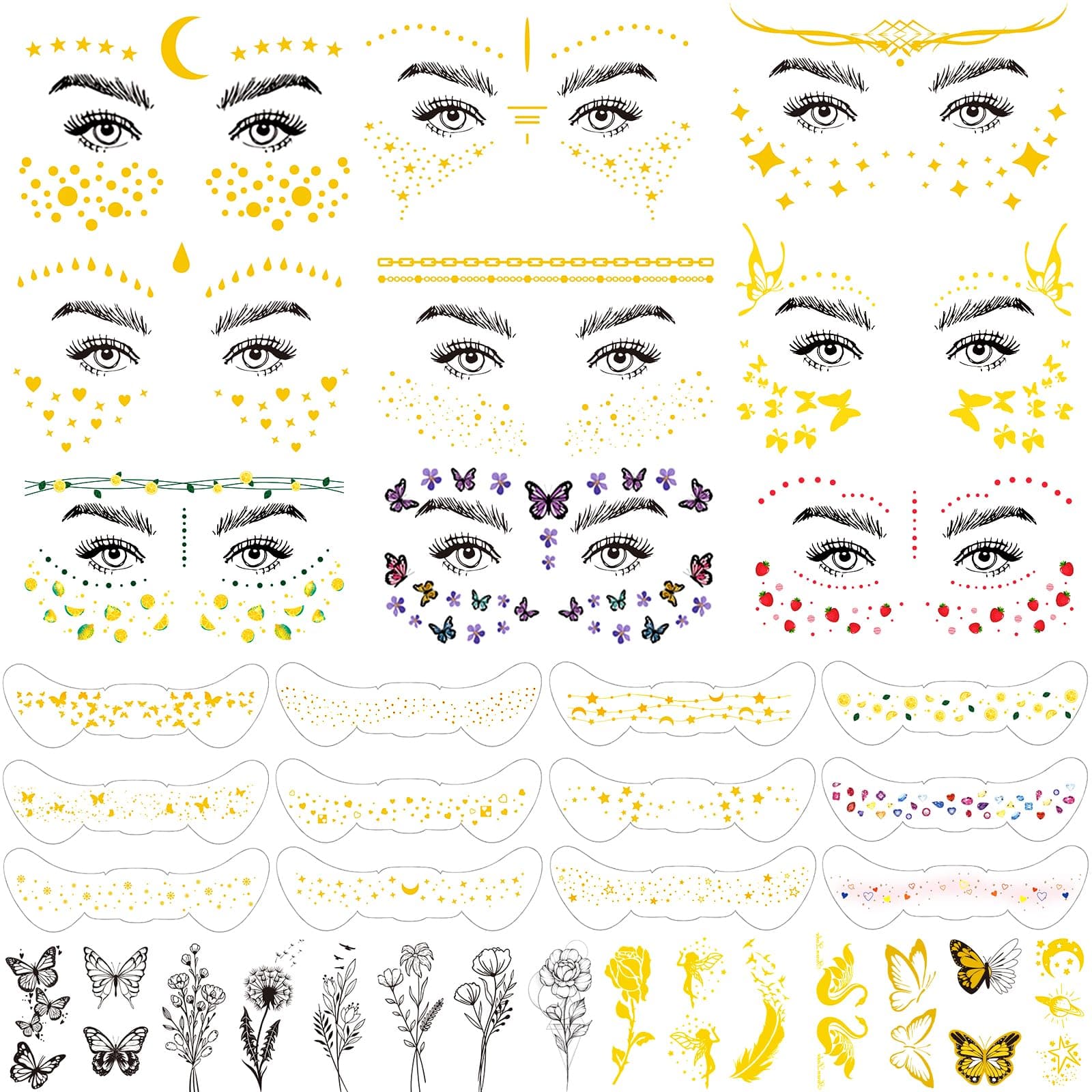 60 Sheets Face Temporary Tattoos, Metallic Fake Tattoos for Women, Men, Kids, Waterproof, Festival, Cosplay, Halloween
