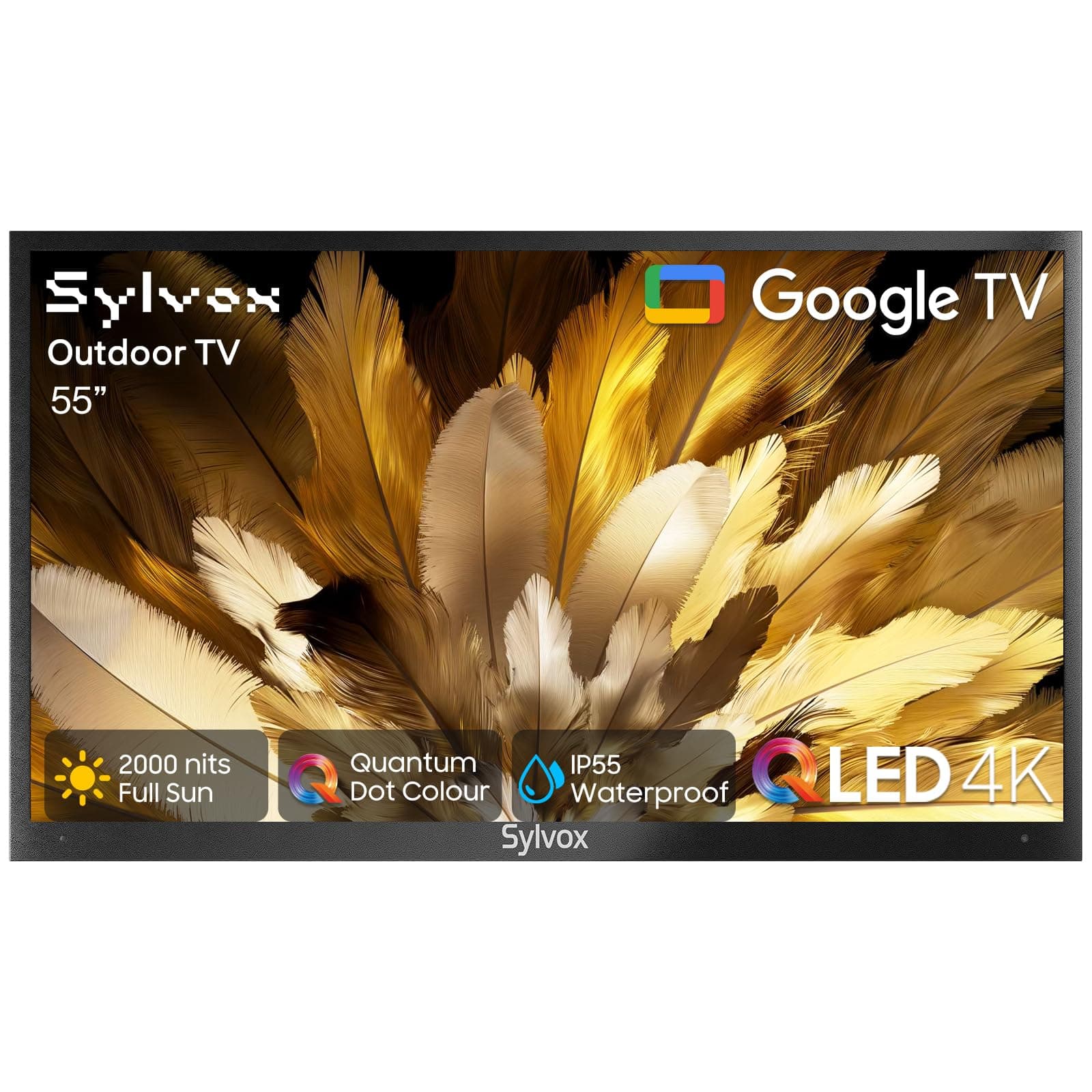 SYLVOX Outdoor TV, 55 Inch 4K QLED Smart TV, Quantum Dot, 2000Nit Ultra Bright QLED Television for Full Sun, Direct-Sun Protection, IP55 Waterproof, Dolby Atmos, with Google Cast, Voice Remote (2024)