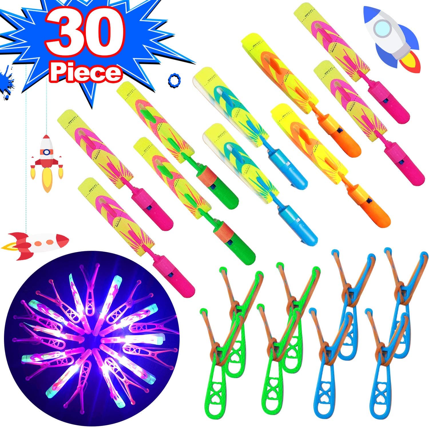 30 Piece LED Rocket Light Up Toys 15 Slingshot Arrows Rocket +15 Helicopter Flying Toy for Kids Boys Girls Glow in The Dark NEW Year Party Supplies Arrow Rocket Helicopter Copters Outdoor Game