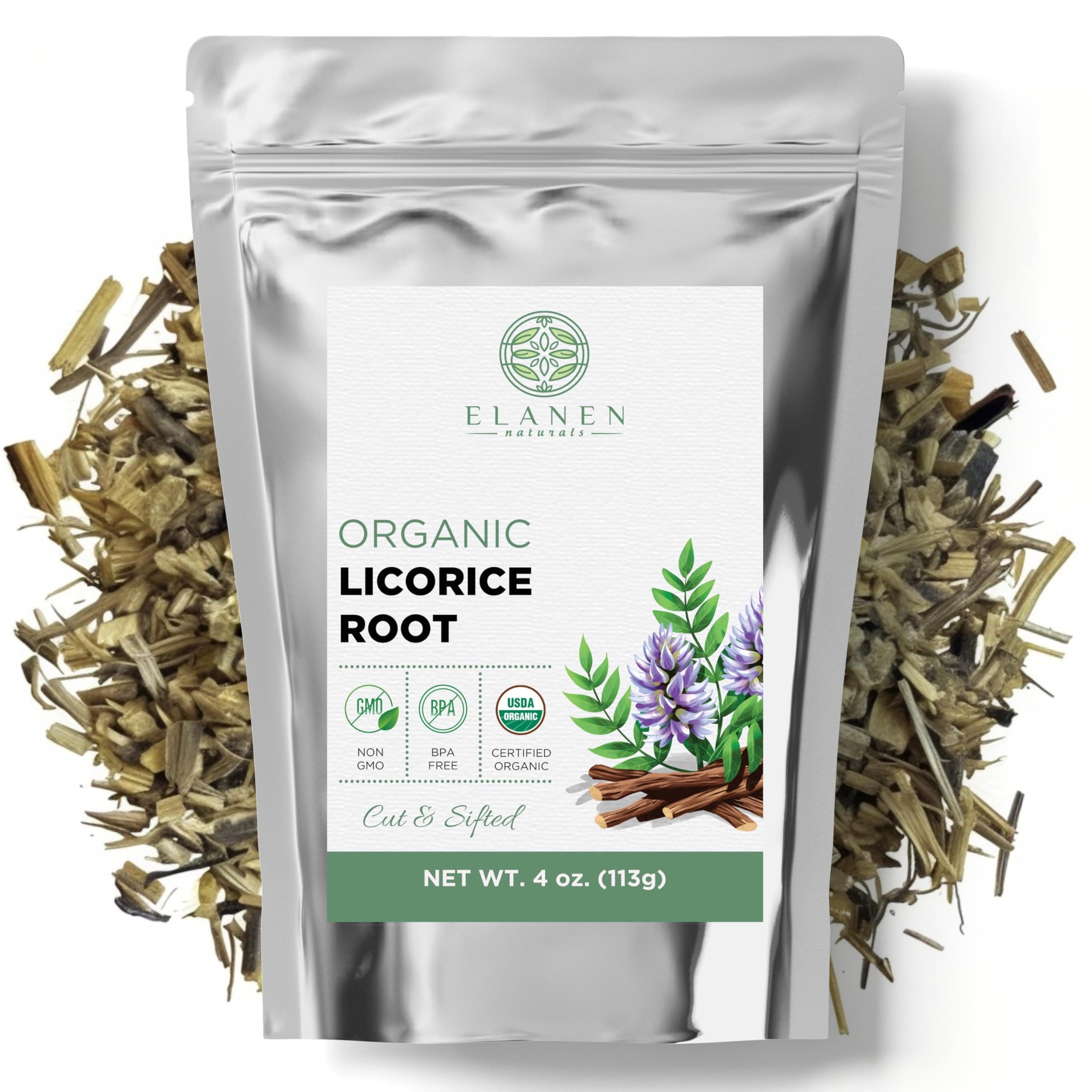 Elanen Naturals Organic Licorice Root 4 oz. (113g), USDA Certified Organic Licorice Root Tea, Licourice Bulk Chopped, Liquorice, Raiz de Regaliz Licrice, Glycyrrhiza glabra, Cut & Sifted