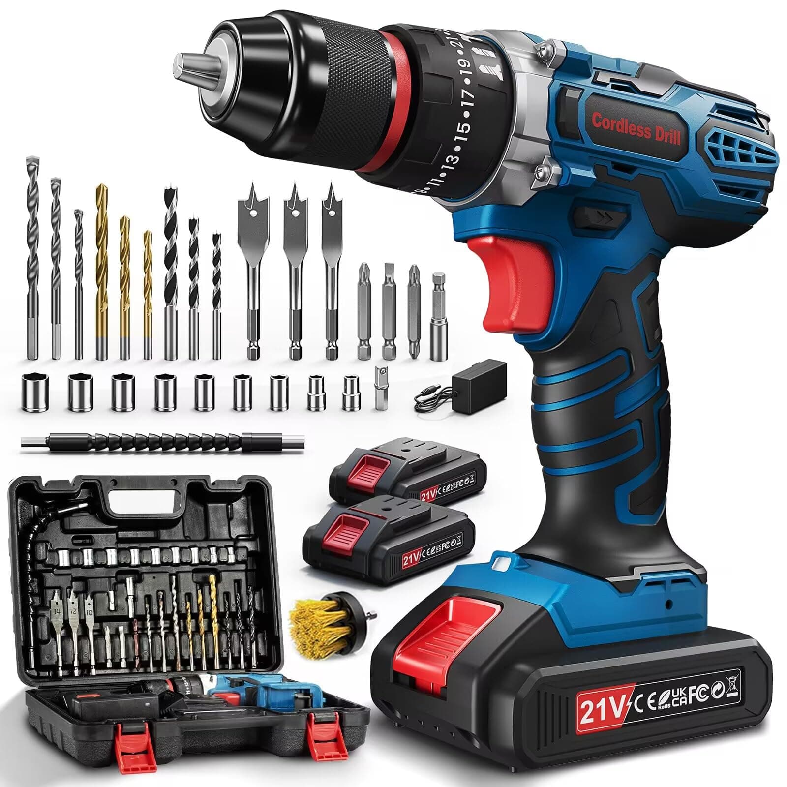 21V Cordless Drill, 45Nm Hammer Drill with 2 Batteries 2.0Ah, 25+3 Torque Power Drill, 2-Speed Electric Impact Screwdriver Set, LED Light Combi Drill, Power Tools for Home and Garden