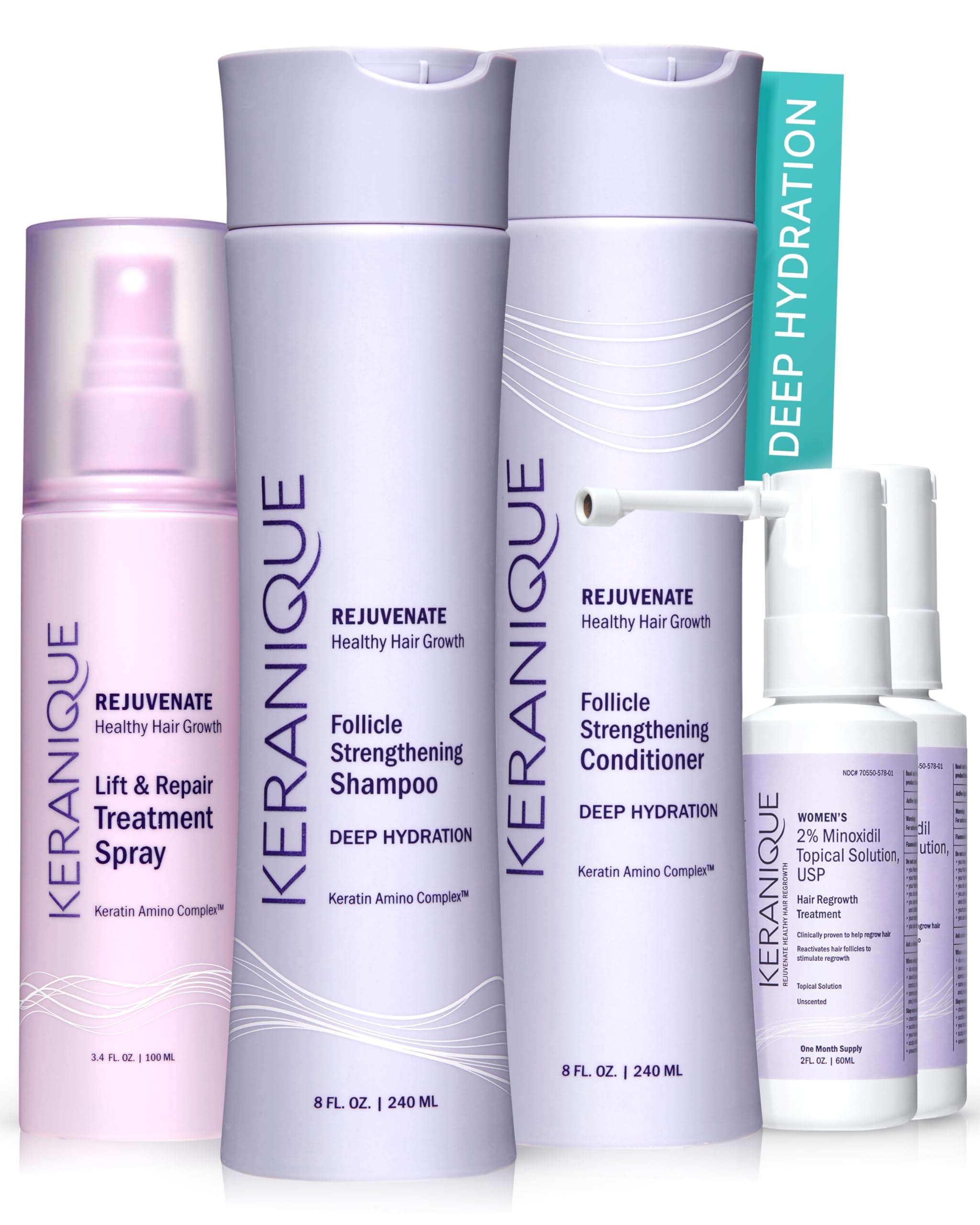 Keranique Hair Growth Products Set - 2% Minoxidil Keranique Hair Regrowth Treatment for Women - Deep Hydrating Shampoo and Conditioner - Hair Thickening & Volumizing Spray - Hair Loss Treatment System