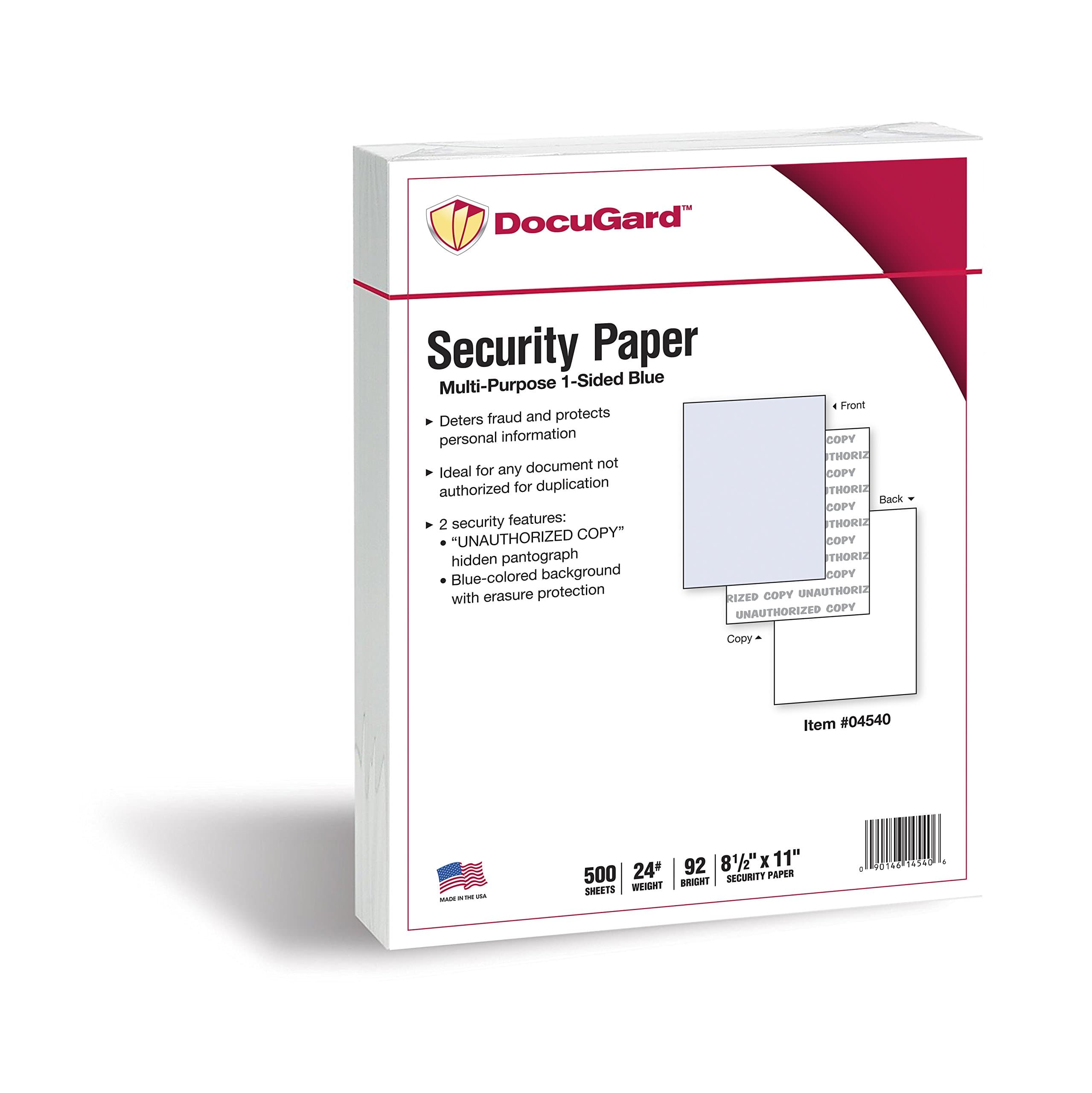 DocuGard Standard Blue Multi-Purpose Security Paper - Fraud Prevention - 2 Security Features - Laser & Inkjet Printer Compatible - 8.5" x 11“ - 24 lb - 500 Sheets (04540)