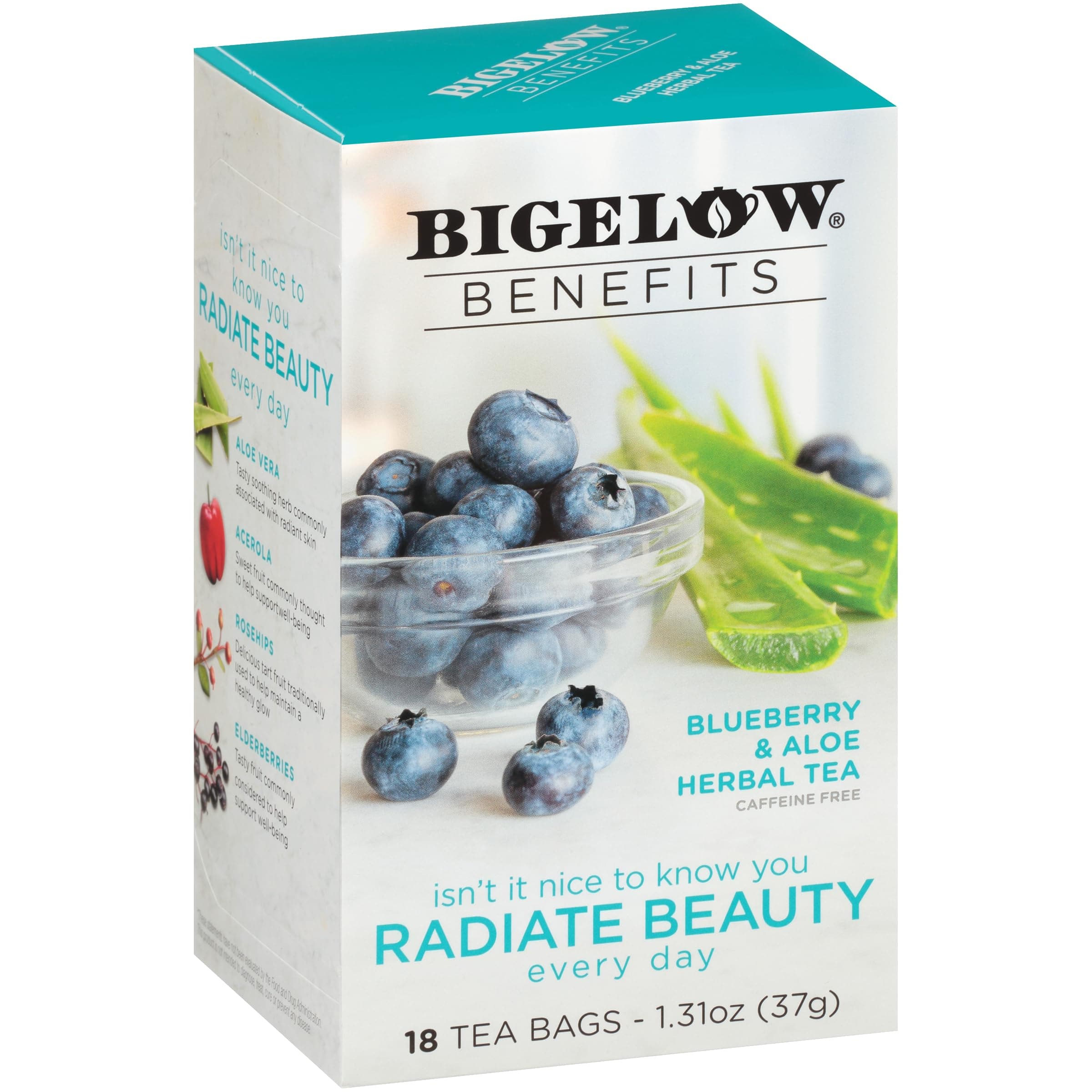 Bigelow Benefits Radiate Beauty Blueberry and Aloe Herbal Tea, Caffeine Free, 18 Count (Pack of 6), 108 Total Tea Bags