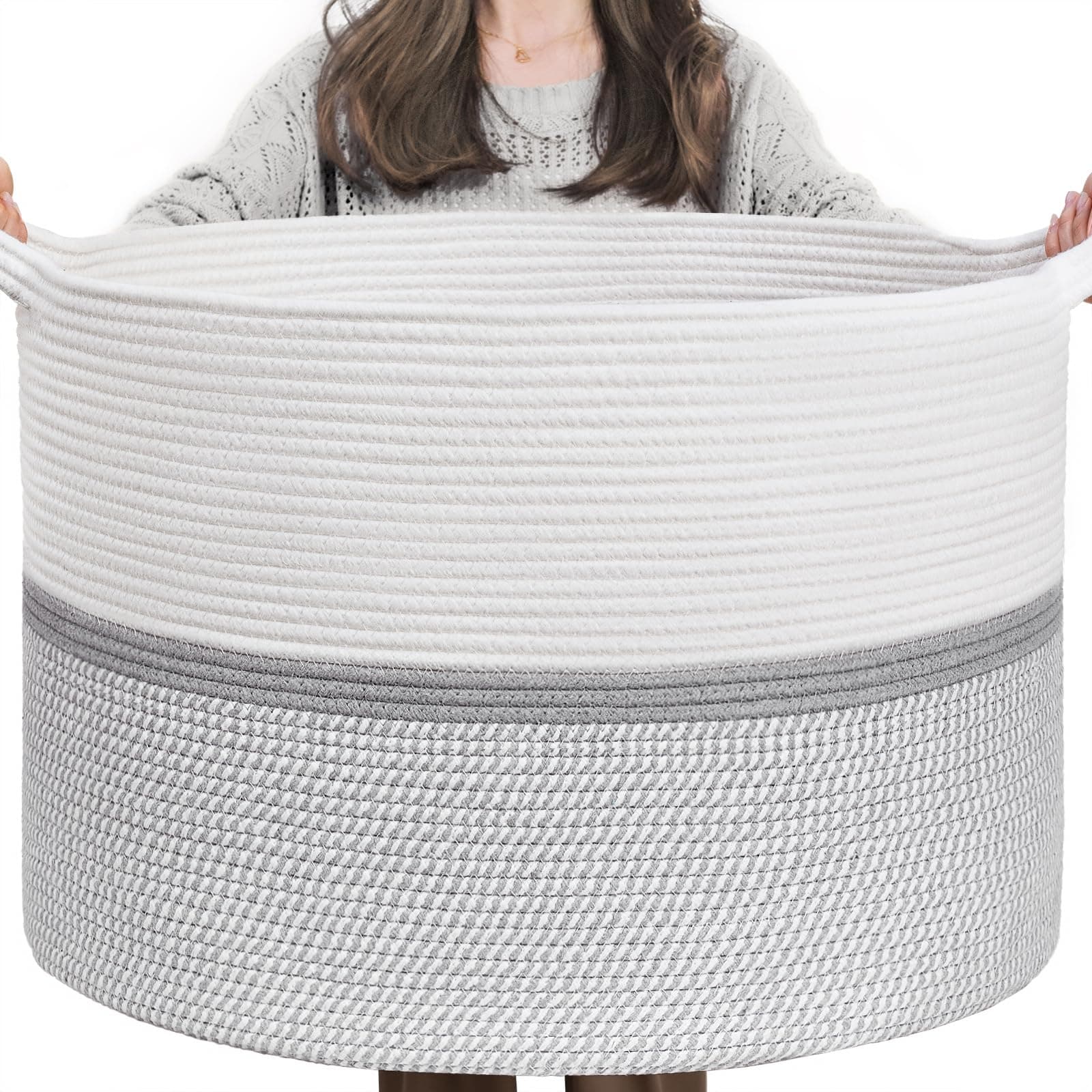 CHICVITA 85L Large Blanket Basket for Living Room, Woven Storage Baskets for Laundry Pillows Toys, Decorative Cotton Rope Basket with Handles for Bedroom Nursery, 22" x 22" x 14", Gray