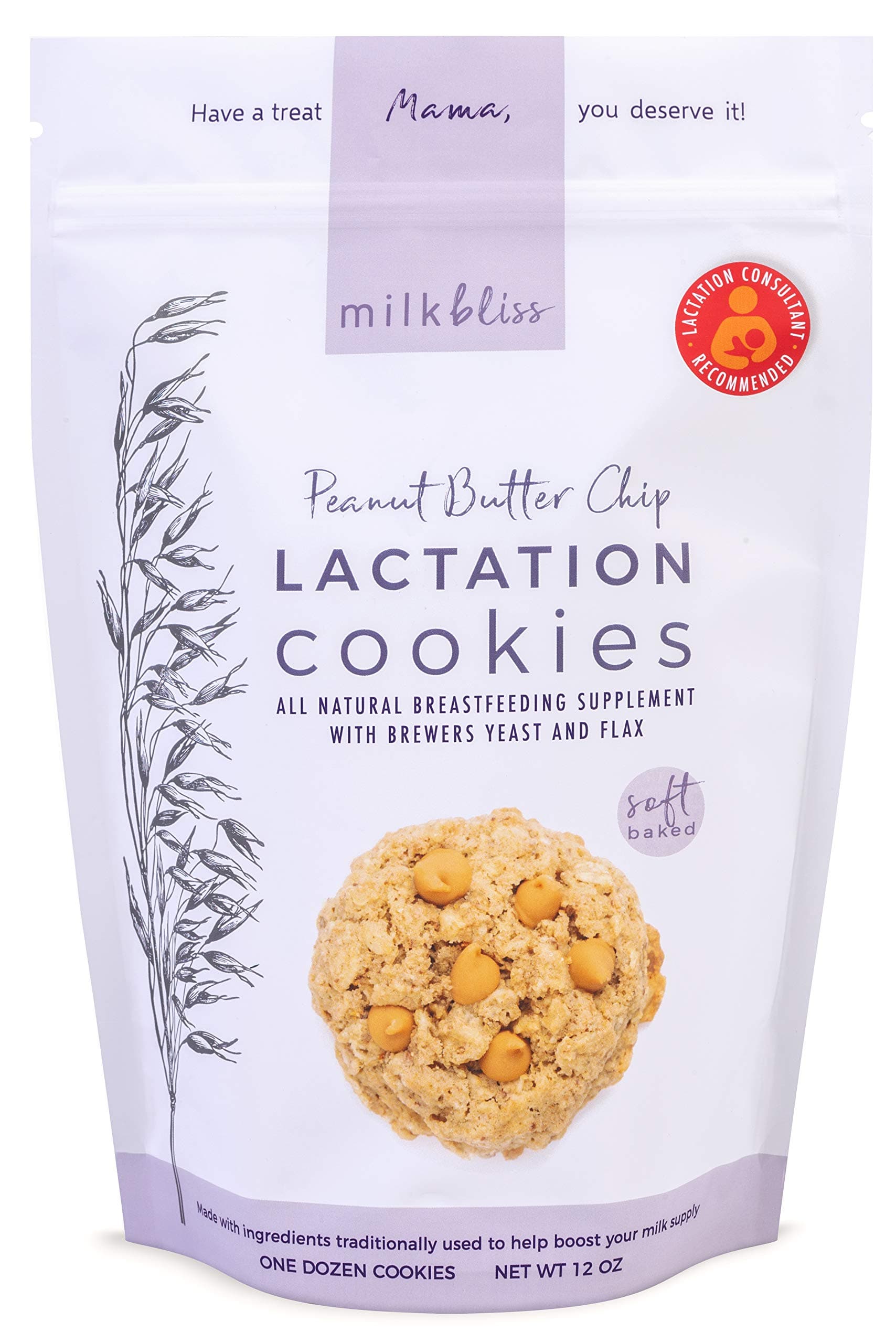 Peanut Butter Chip Soft Baked Lactation Cookies for Breastfeeding, All Natural and GMO Free Lactation Boosting Ingredients! Oats, Flaxseed, Brewers Yeast. 12 Count.