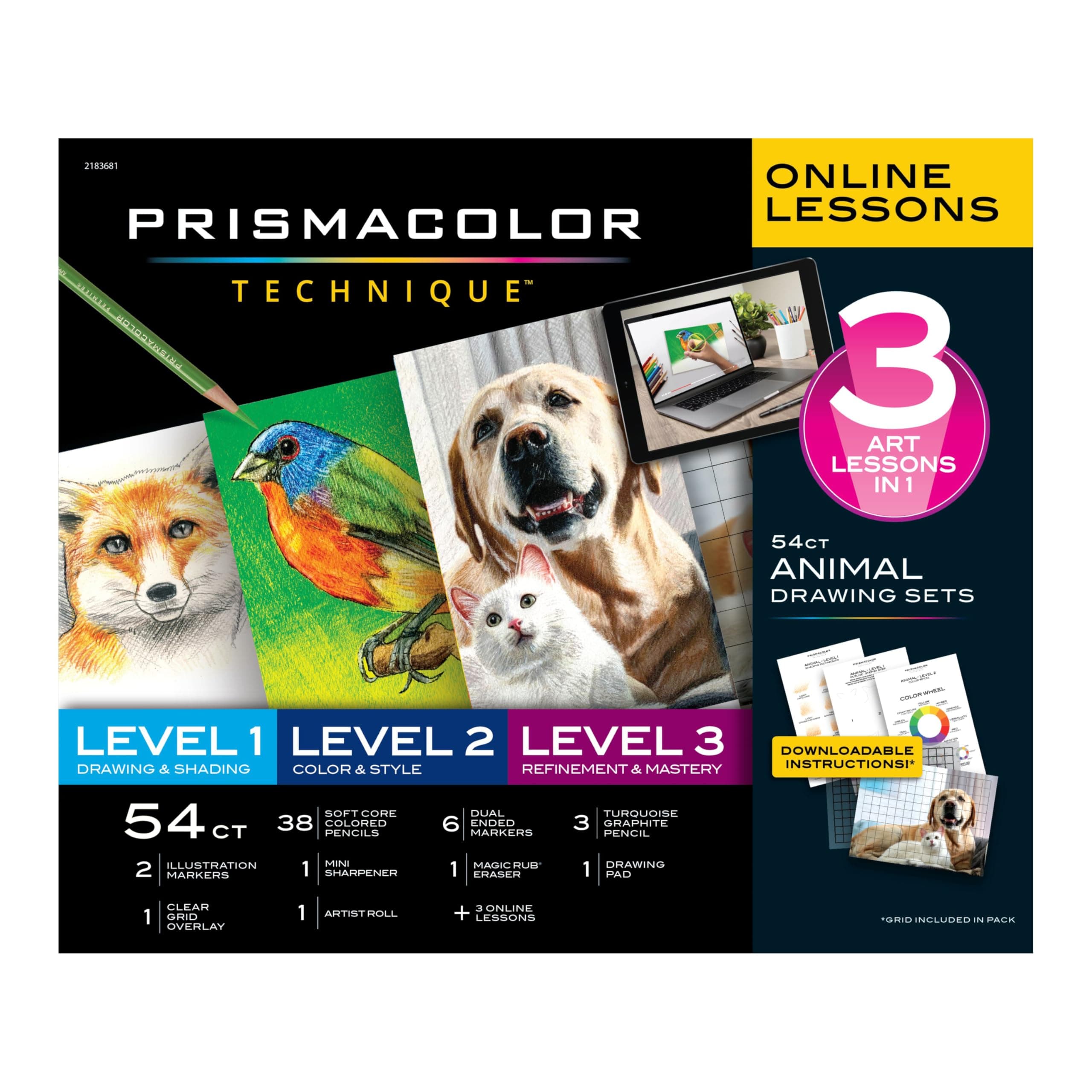 Prismacolor Technique Art Supplies and Digital Art Lessons Animal Drawing Set Bundle Levels 1-3 Adult Coloring 54 Count
