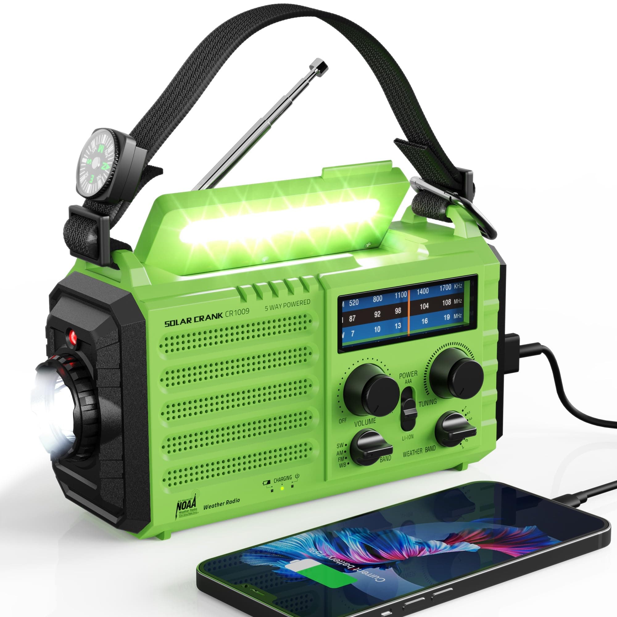 Weather Radio, Raynic Solar Hand Crank, Emergency Radio, 5-Way Power Supply AM/FM/SW/NOAA Weather Alarm Portable Radio with Flashlight Reading Light (Green)