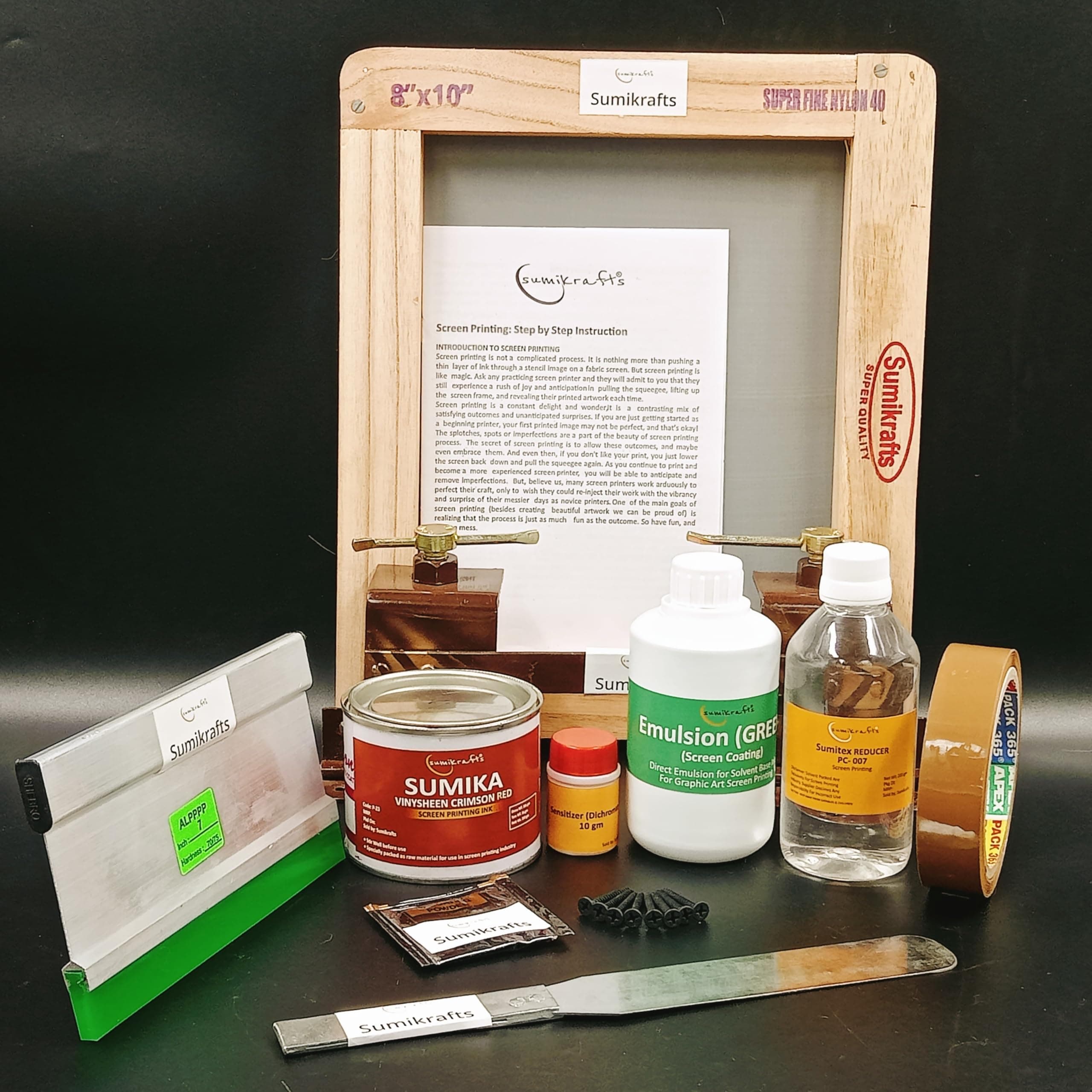 Screen Printing Kit: Sumika Vinysheen Ink Crimson Red 250gm+8"x10" Wooden Frame with Pre-Stretched Nylon Mesh No. 40+Double Hinge Table Clamps+7" Squeegee Blade (70/75 Hardness)