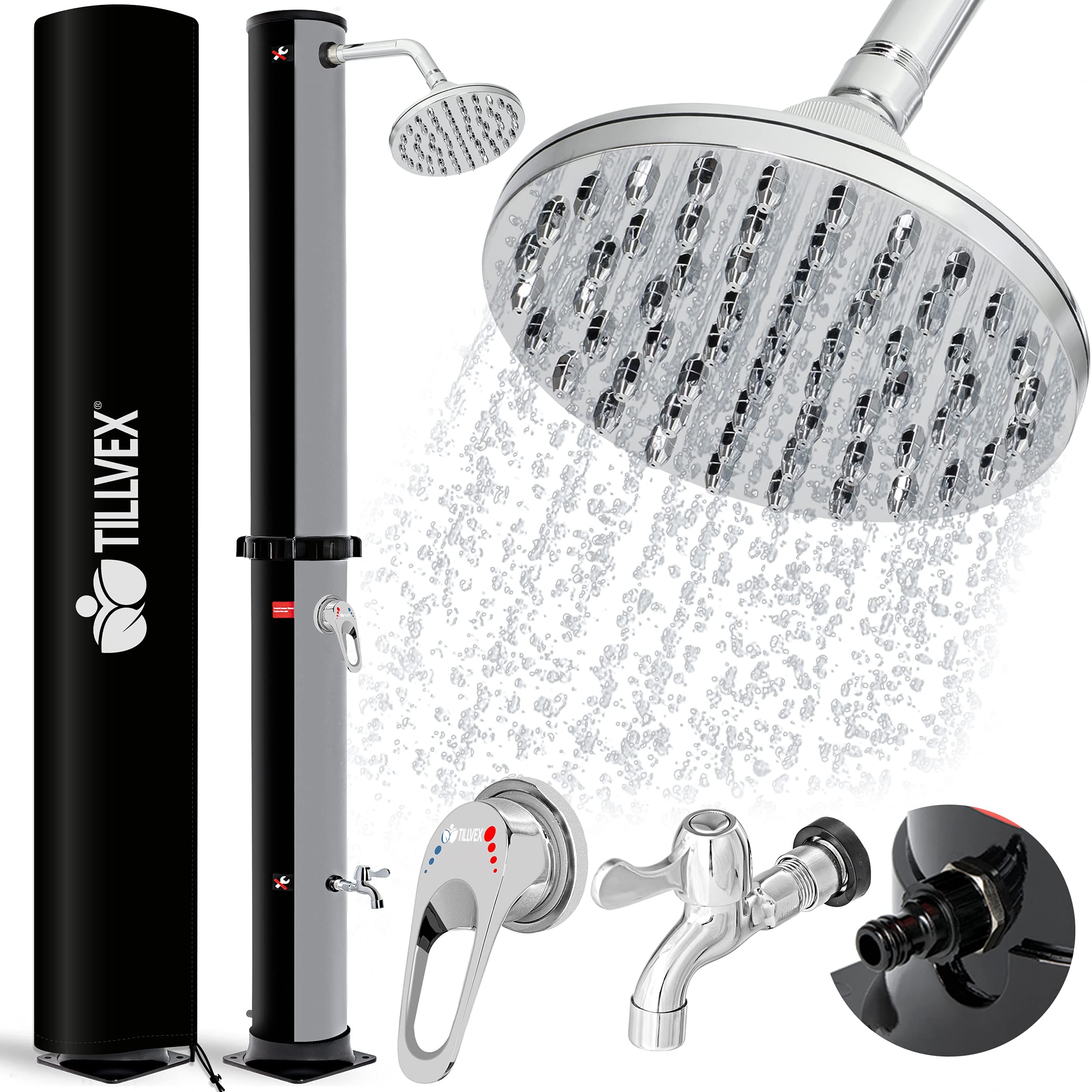 tillvex 35L Tank Outdoor Solar Shower + Cover - Solar Heated Shower, Garden, Pool and Outdoor Shower with Hot and Cold Water, Adjustable Temperature, with Rain Shower Head and Faucet