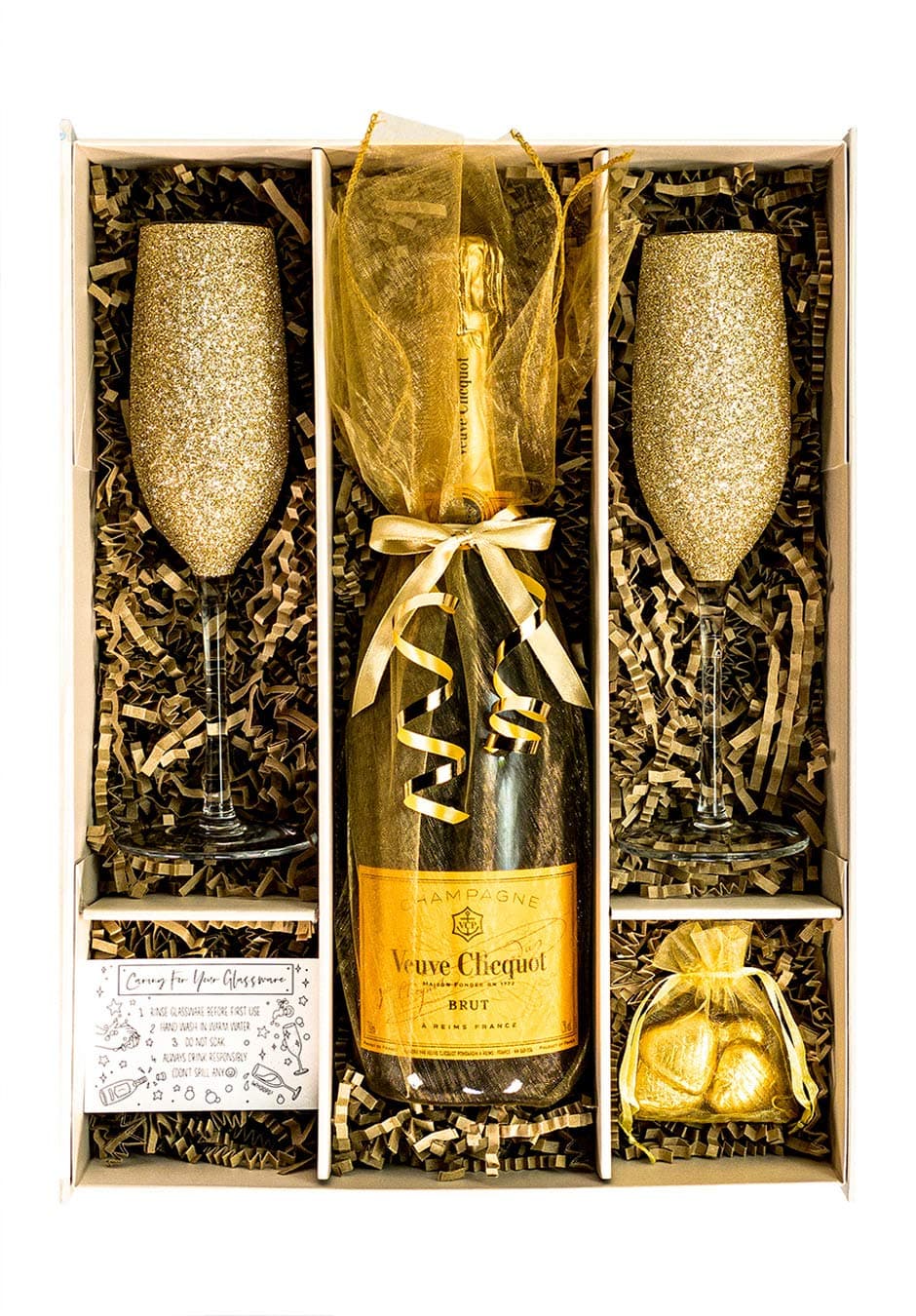 – Gold Veuve Clicqout 75cl Gift Set with matching Sparkling Gold Champagne Flutes & Chocolates - Gift Boxed