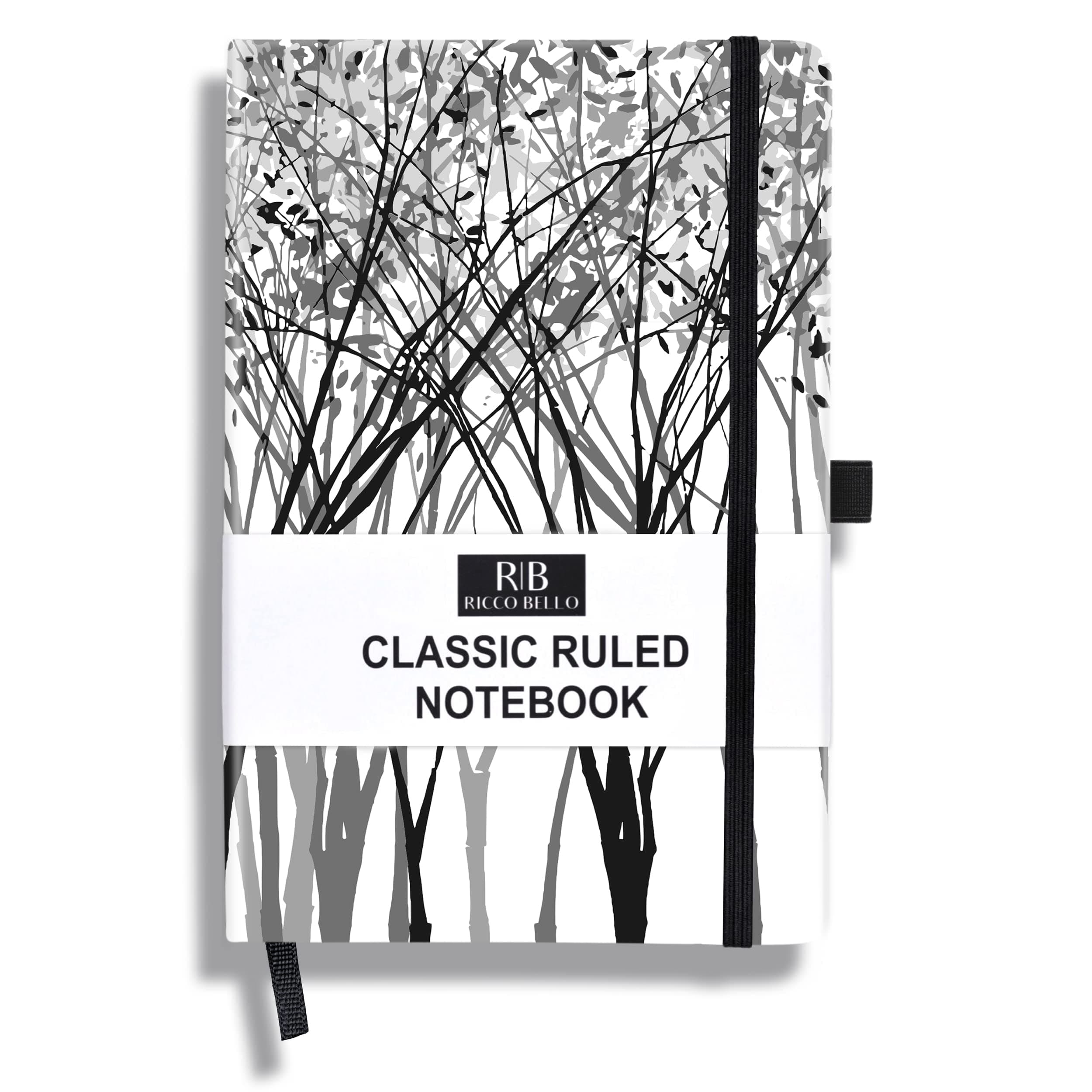 RICCO BELLO Lined Journal Notebook with Pen Holder, Hardcover, College Ruled, for Work, Notes | 96 Sheets /192 Lined Pages, 5.7 x 8.4-Inches (Black and White Tree)