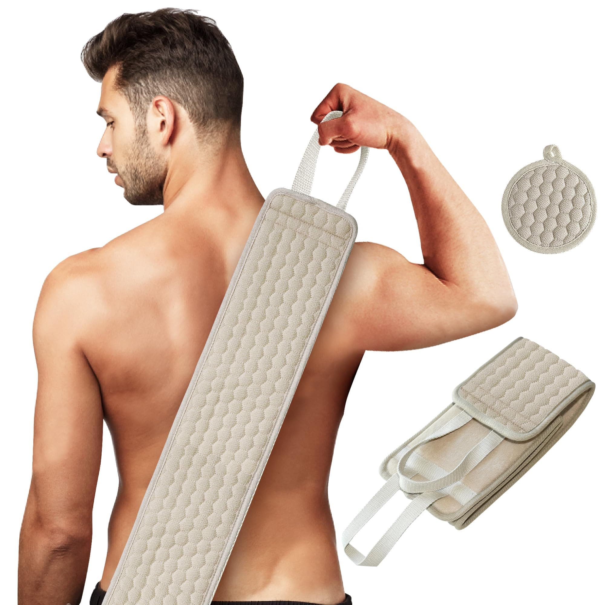 Suntee Exfoliating Back Scrubber & Exfoliating Sponge Pad Set for Shower, Bath Shower Scrubber for Men and Women, Luffa Scrubber to Deep Clean Relax Your Body (36.5'' Length 4.5'' Width)