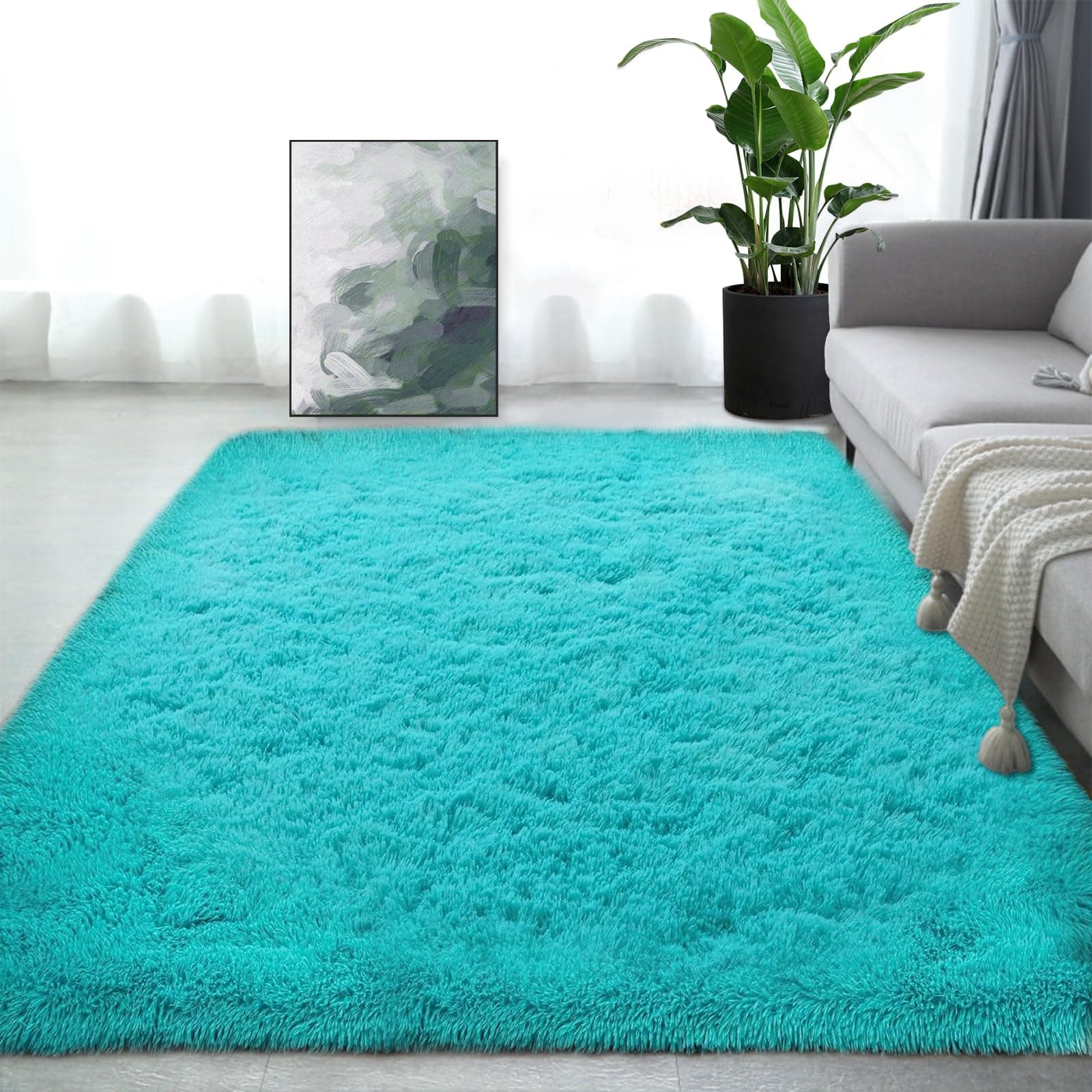 Teal Rug for Living Room: 3x5 Rugs for Bedroom Fuzzy Soft Shag Rug Durable Non-Slip Bottom Washable Carpet for Rooms - Plush Home Decorative for Bedside Kids Grils Boys Room Nursery Teen Dorm