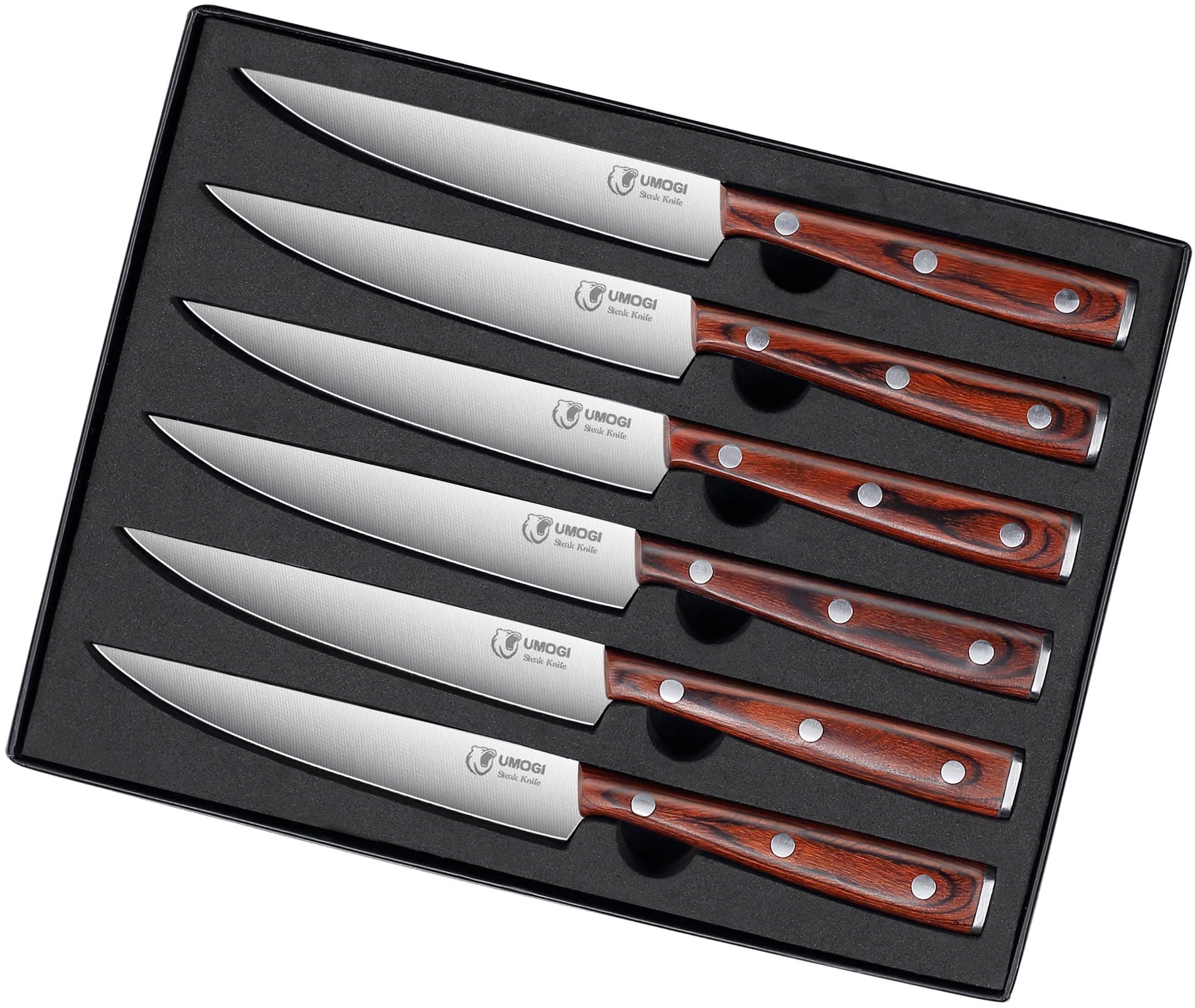 Premium Steak Knives Set of 6 in Gift Box - Polished Pakka Wood Handle - HC German Stainless Steel, Straight Edge Non Serrated - 4.5''Dinner Knife, Kitchen Tableware Knives Cutlery Set