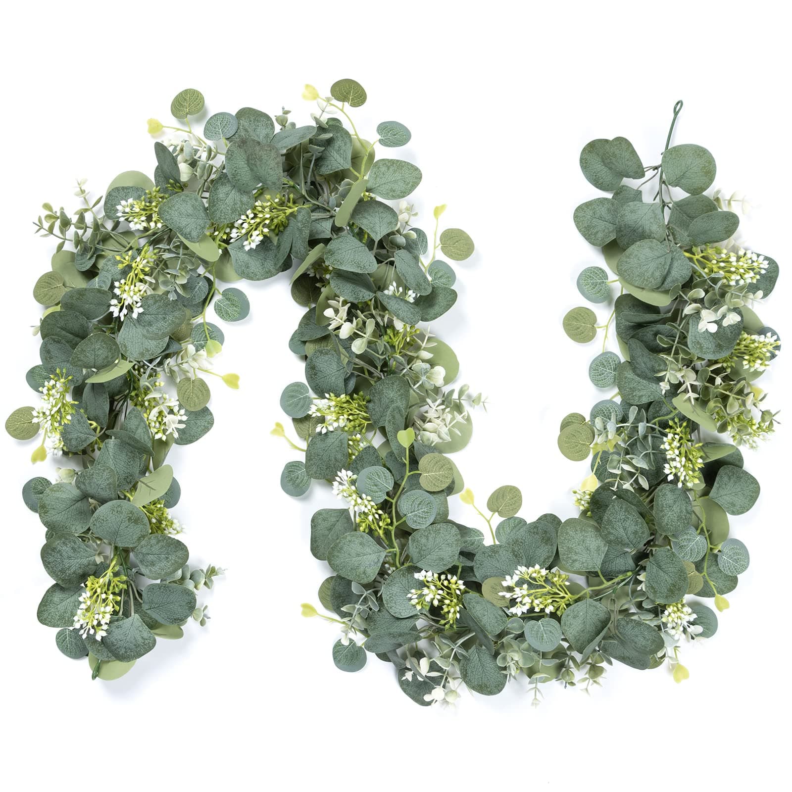 2PCS Artificial Eucalyptus Garland 6FT Faux Silver Dollar Foliage Greenery Vines Fake Leaves White Seeds Hanging Ivy Artificial Foliage Garlands for Wedding Party Mantle Table Home Decoration