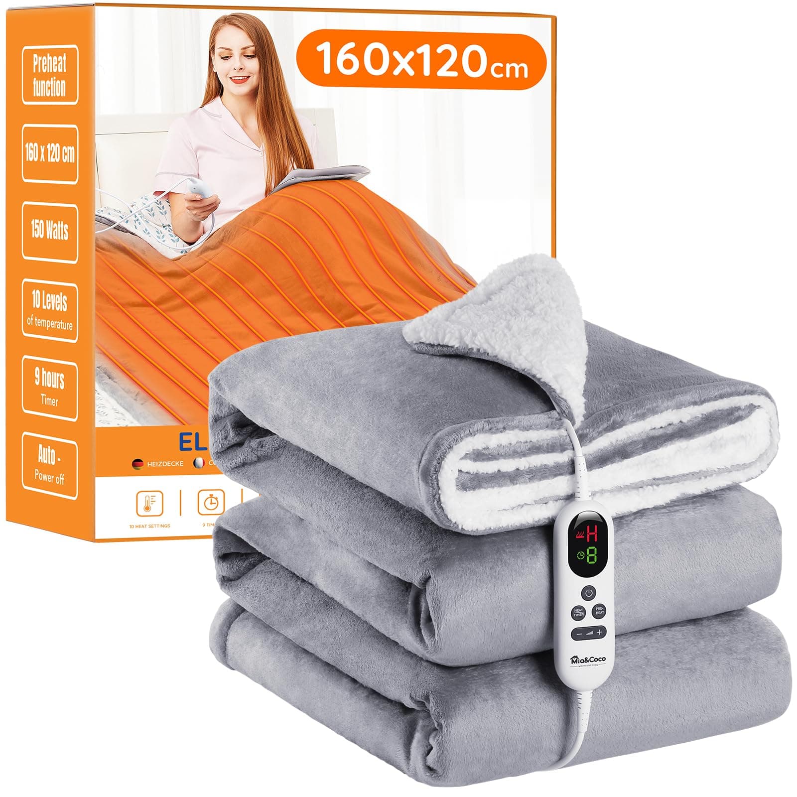 Electric Heated Blanket Throw Flannel Sherpa Fast Heating 120x160cm, 10 Heat Levels & Up-to-9-Hours Auto-Off Timer & LED Display, for Home Office Use, Machine Washable, ETL Certified, Grey