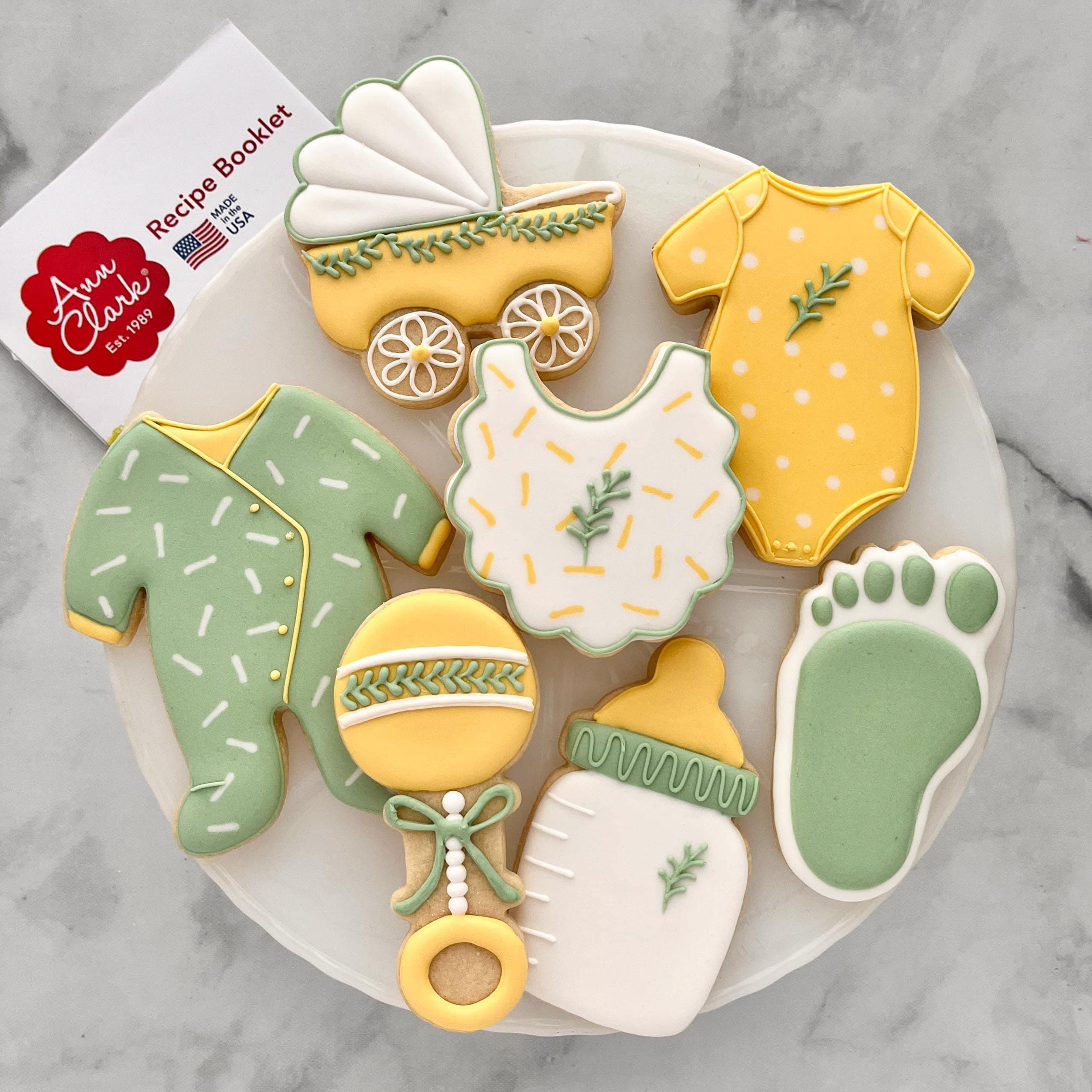 Ann Clark 7-Pc. Baby Shower Cookie Cutter Set, Made in USA, Baby Onesie, Footie Pajamas, Bottle, Rattle, Bib, Footprint and Carriage